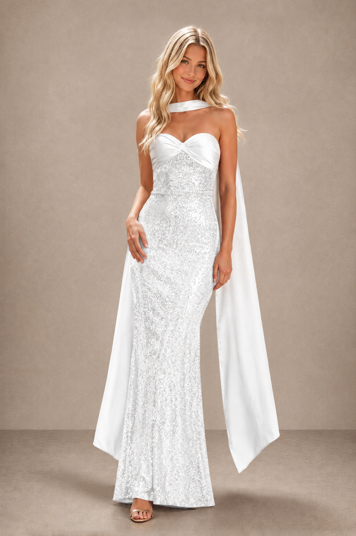 BOLODOO White Strapless Sweetheart Evening Dress with Scarf - White - White_3