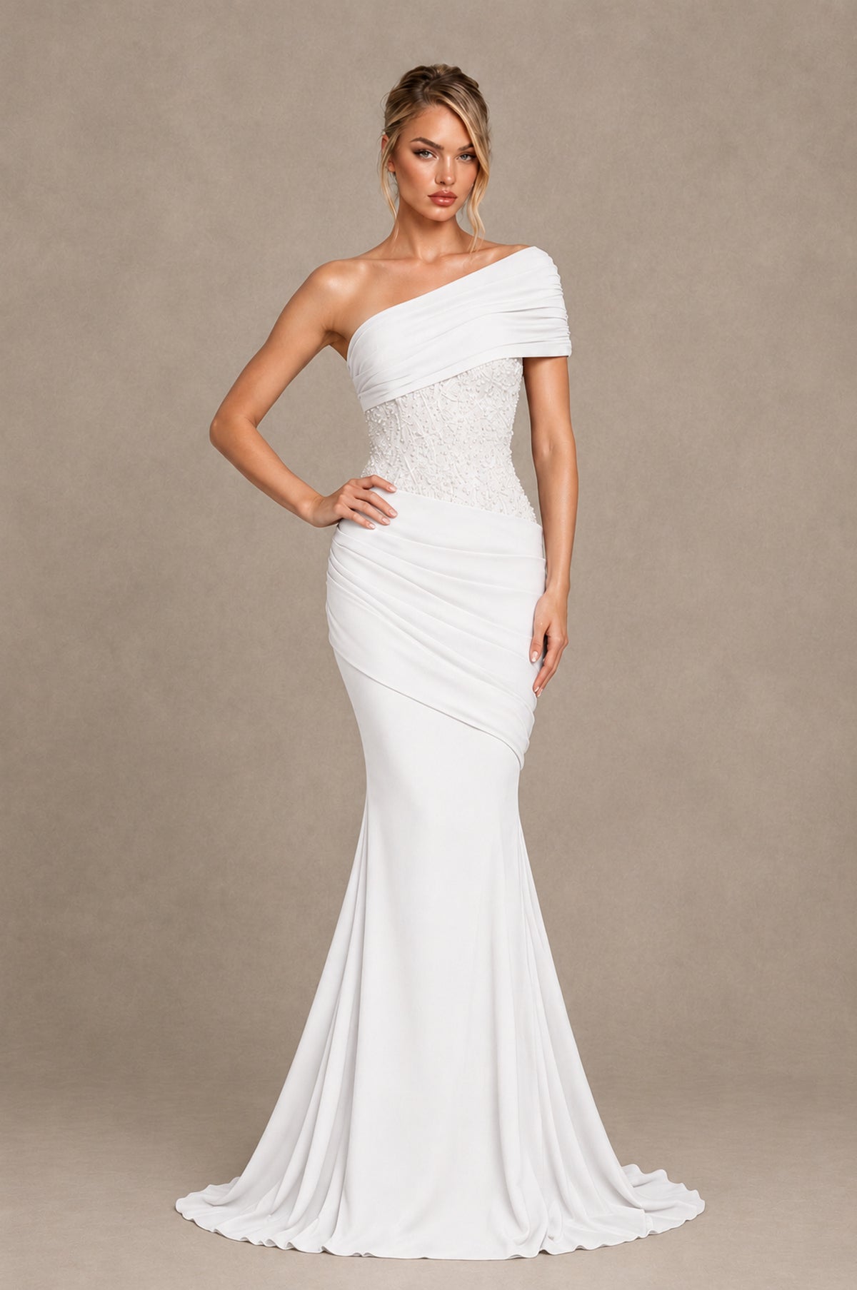 BOLODOO White One-Shoulder Sequin Embroidered Ruched Mermaid Gown with Train - White - White_3