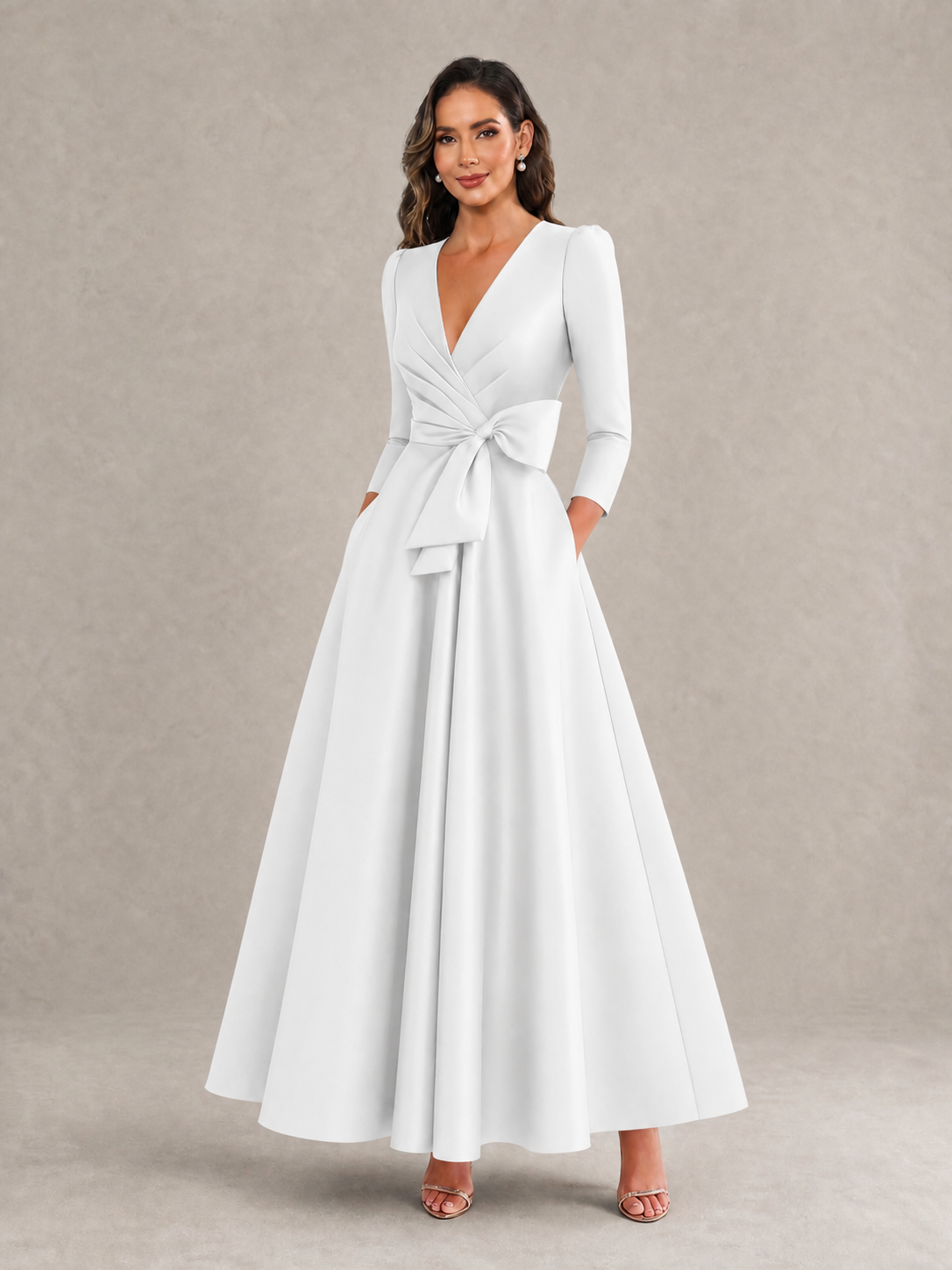 BOLODOO White Satin Deep V-Neck Wrap 3/4 Puff Sleeve A-Line Ball Gown Maxi Dress with Oversized Bow Belt - White