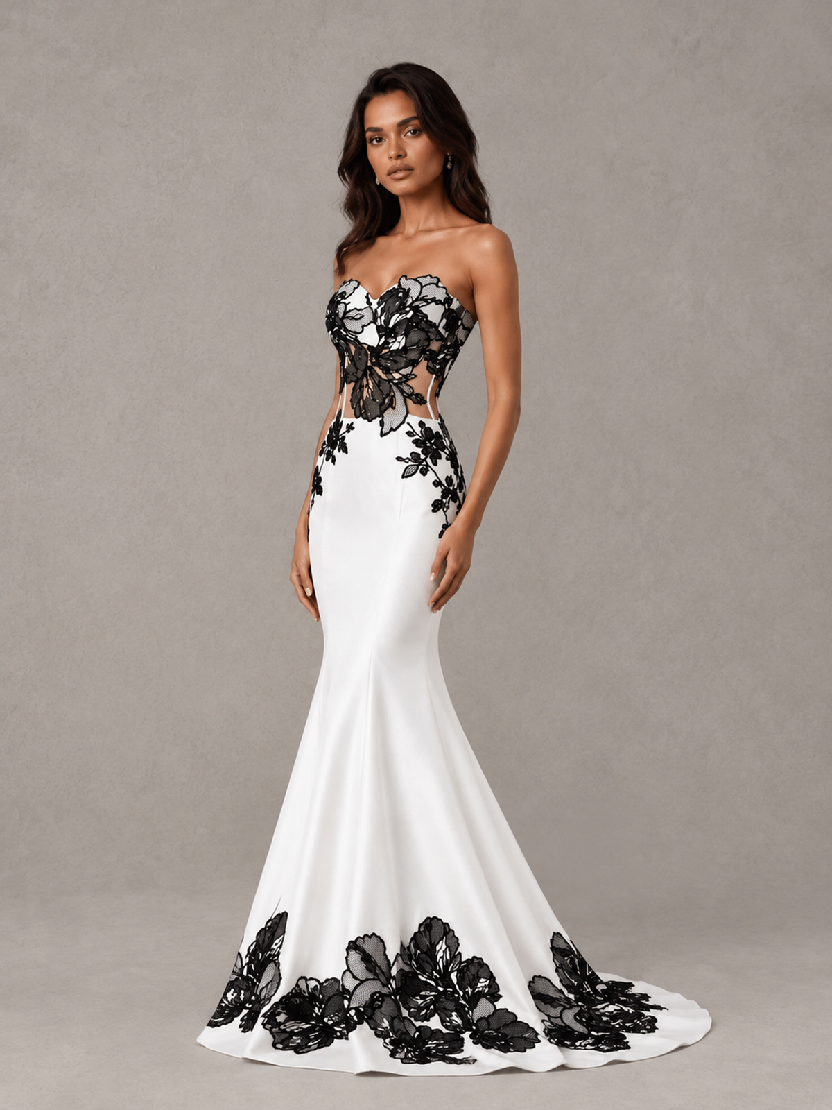 BOLODOO White Strapless Floral Applique Mermaid Prom Dress - White - White（3）