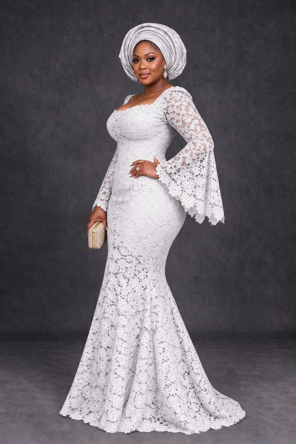 BOLODOO White African Lace Mermaid Dress, Plus Size Nigerian Wedding Guest Gown with Bell Sleeves - White - White_3