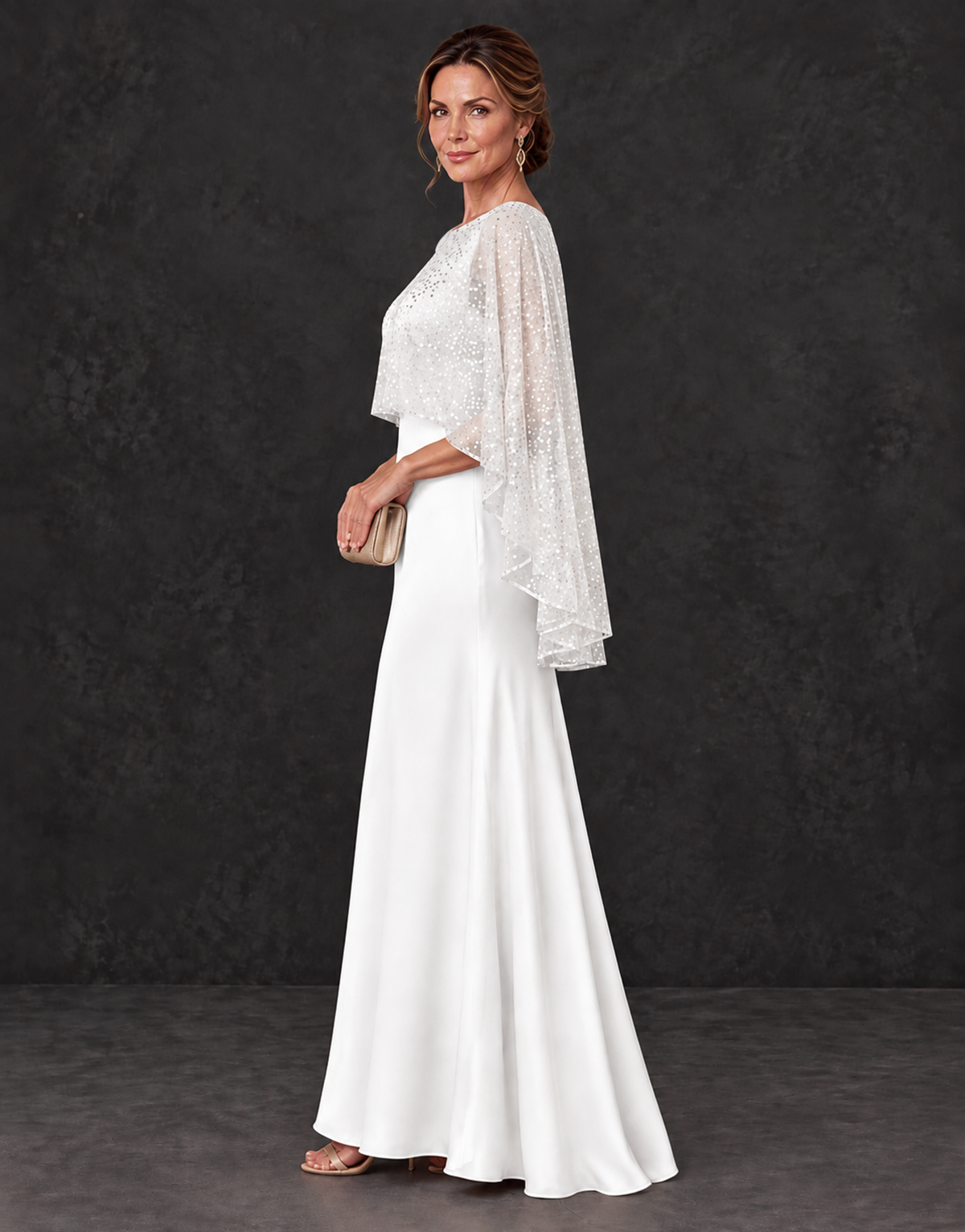 BOLODOO White Sparkle Cape Sleeve Mother of the Bride Dress - White - White_3