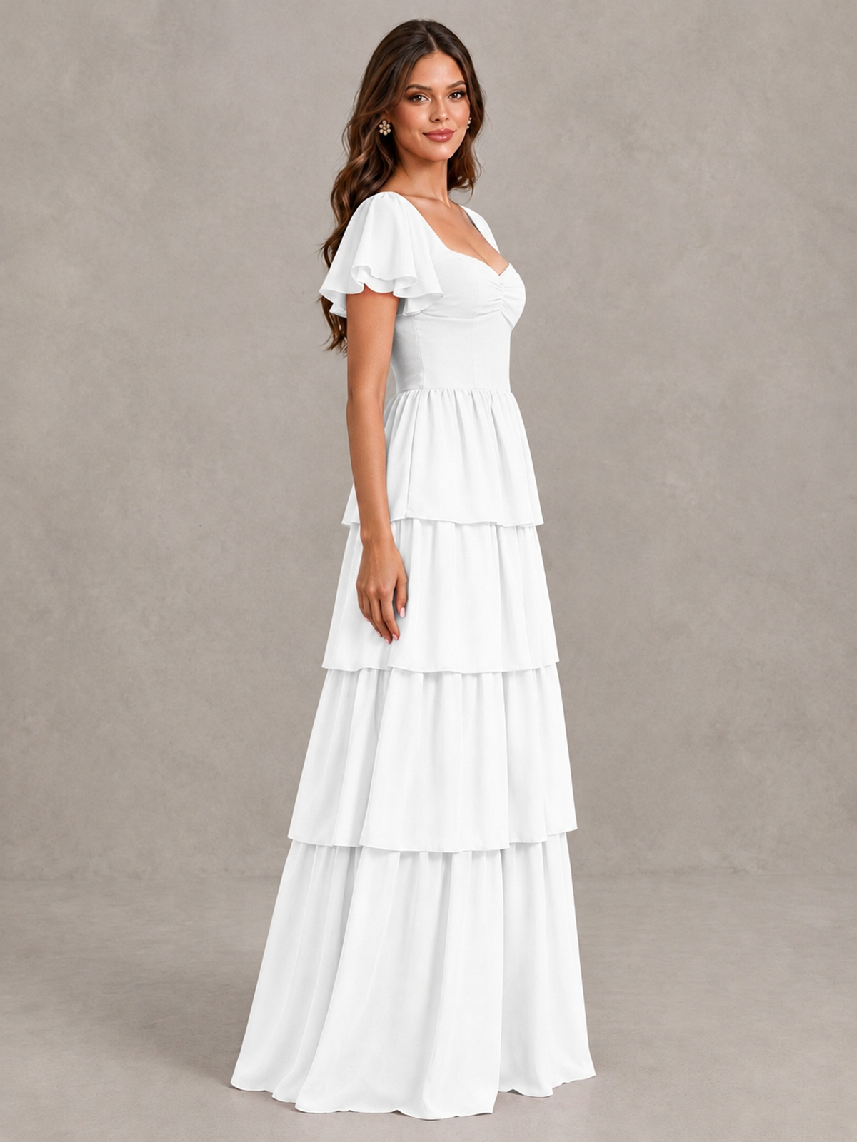 BOLODOO White Flutter Sleeve Tiered Maxi Bridesmaid Dress - White - White_3
