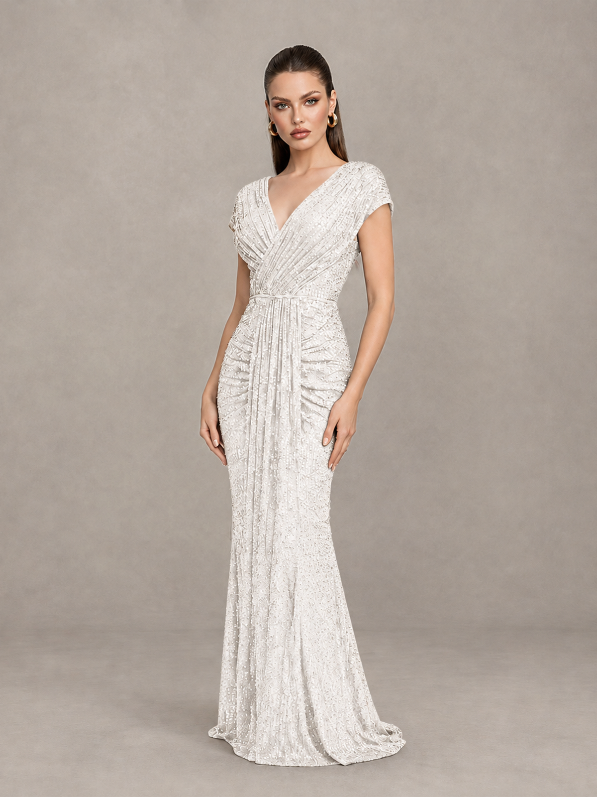BOLODOO White Glitter V-Neck Cap Sleeve Ruched Mermaid Evening Gown - White - White_3