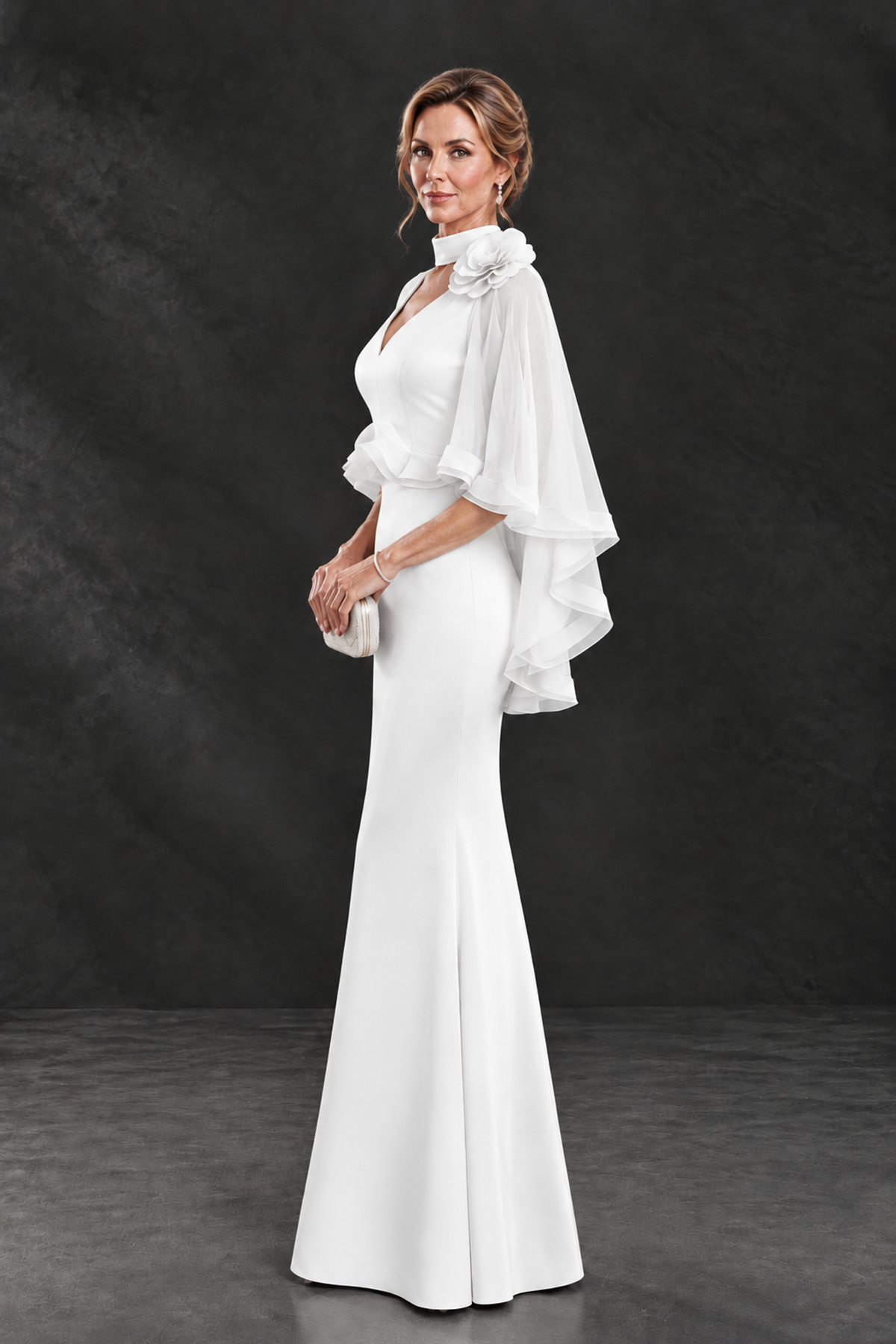 BOLODOO White Floral Cape Sleeve Mother of the Bride Dress - White - White_3