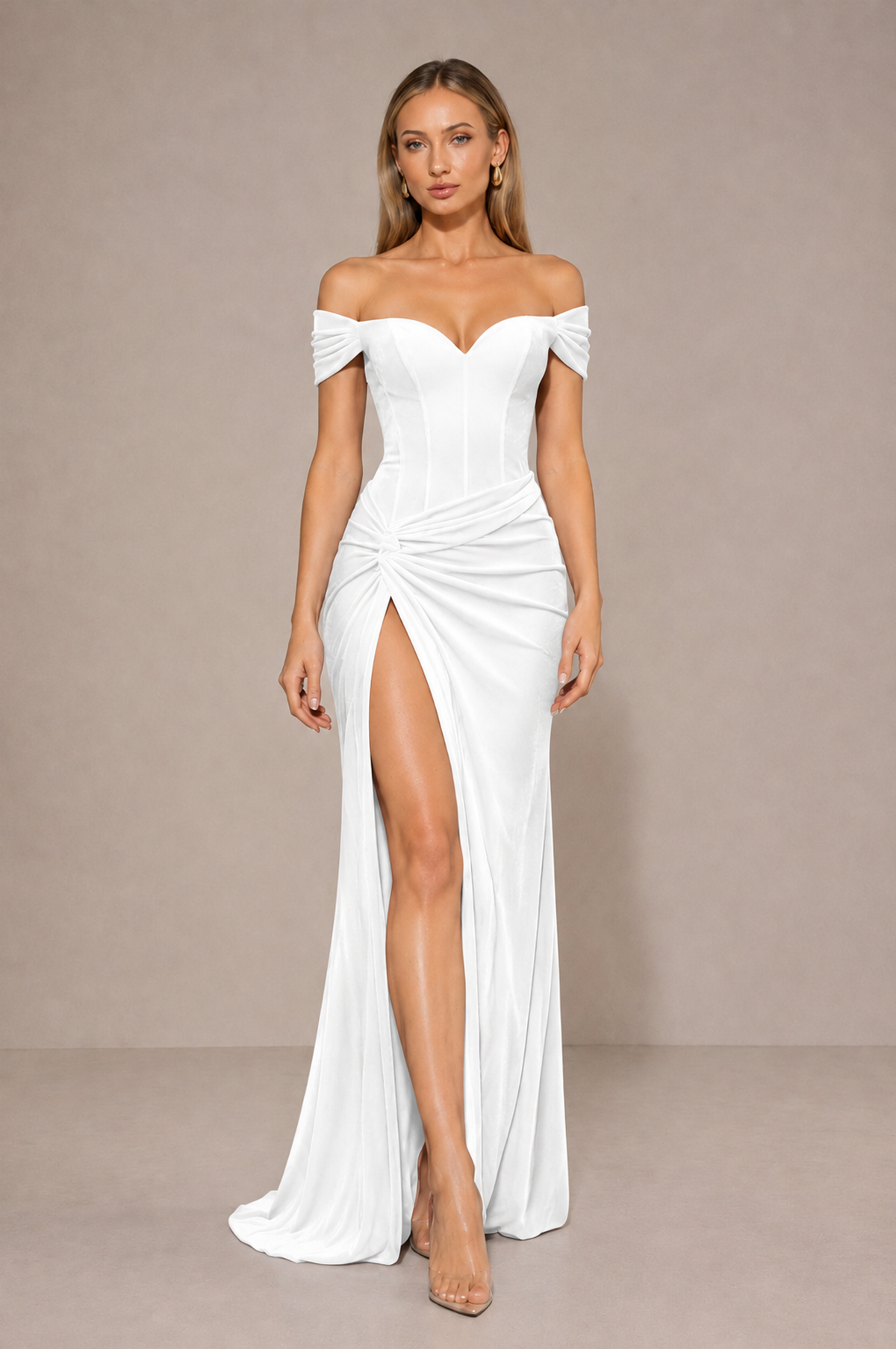 BOLODOO White Velvet Off-Shoulder Ruched High Slit Evening Dress - White - White_3