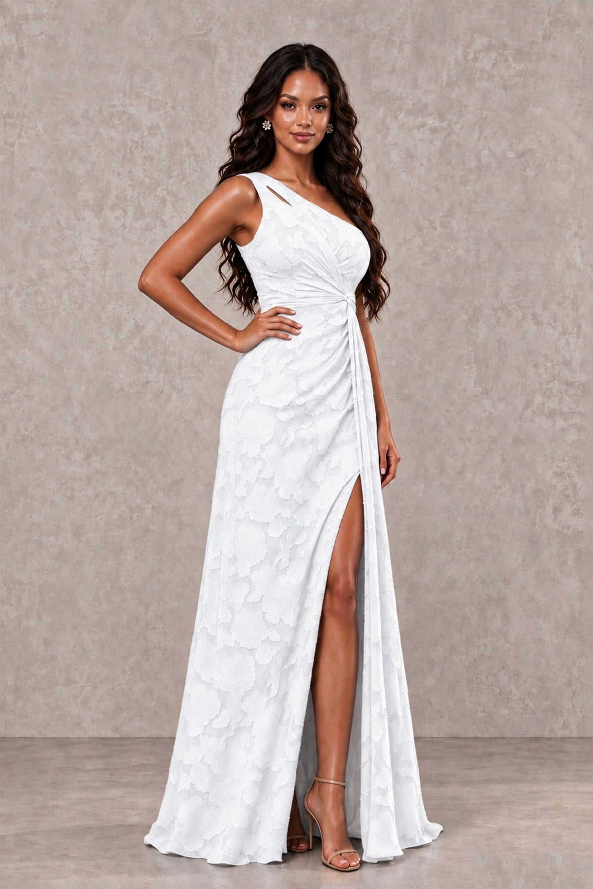 BOLODOO White One-Shoulder Floral Textured Maxi Dress with High Slit - White - White_3