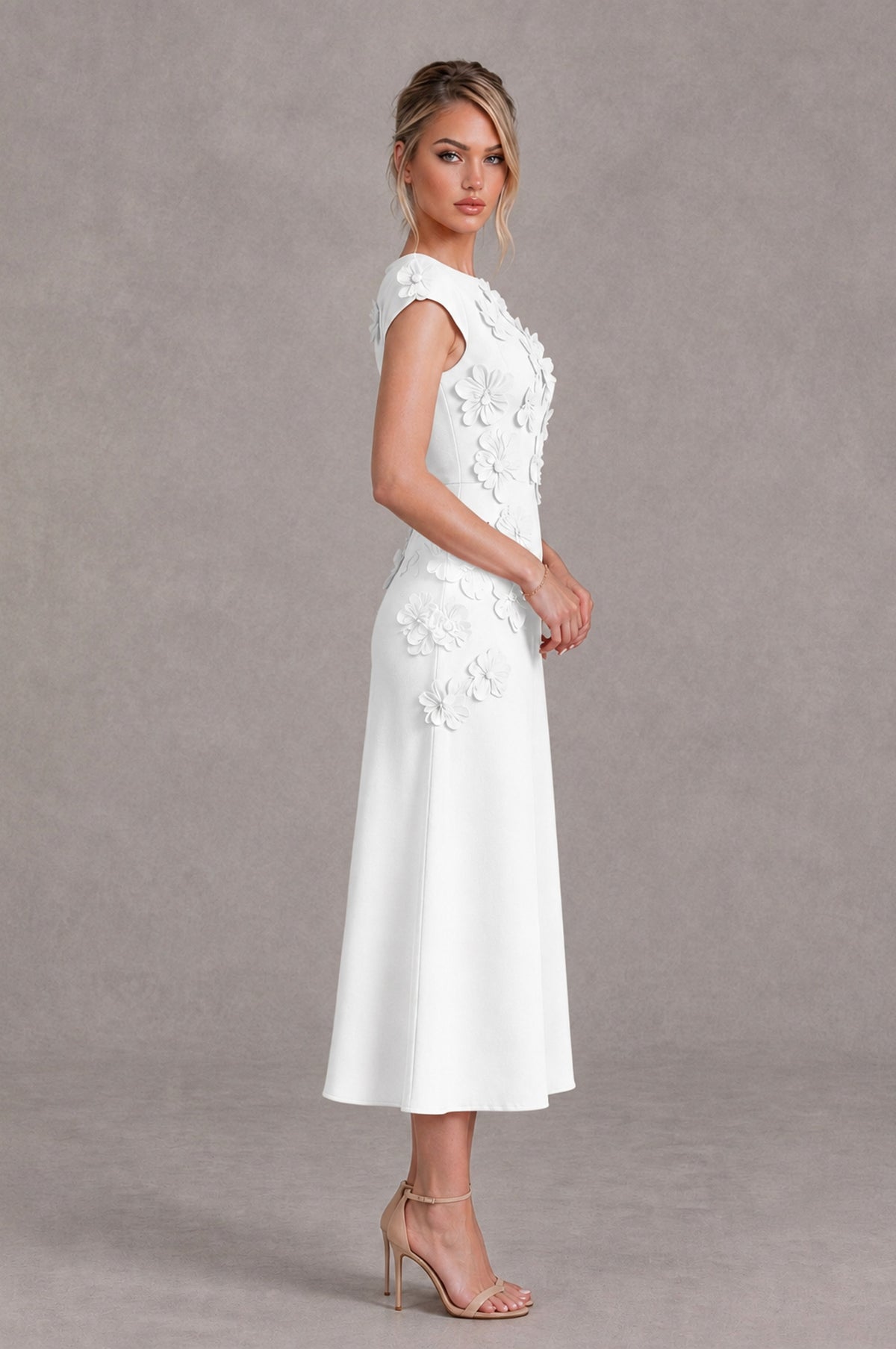 BOLODOO White 3D Floral Cap Sleeve Midi Cocktail Dress - White - White_3