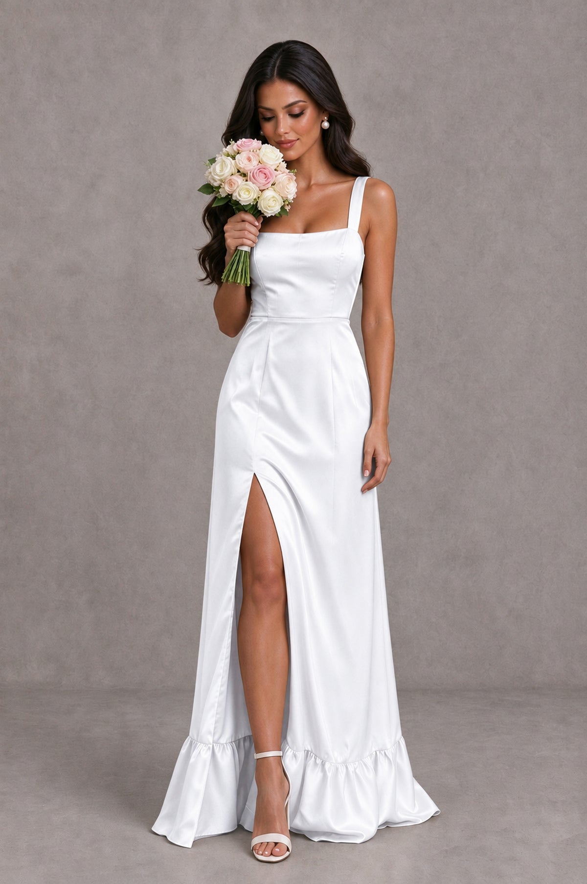 BOLODOO White Square Neck Satin Evening Dress with Lace-Up Back and High Slit - White - White_3