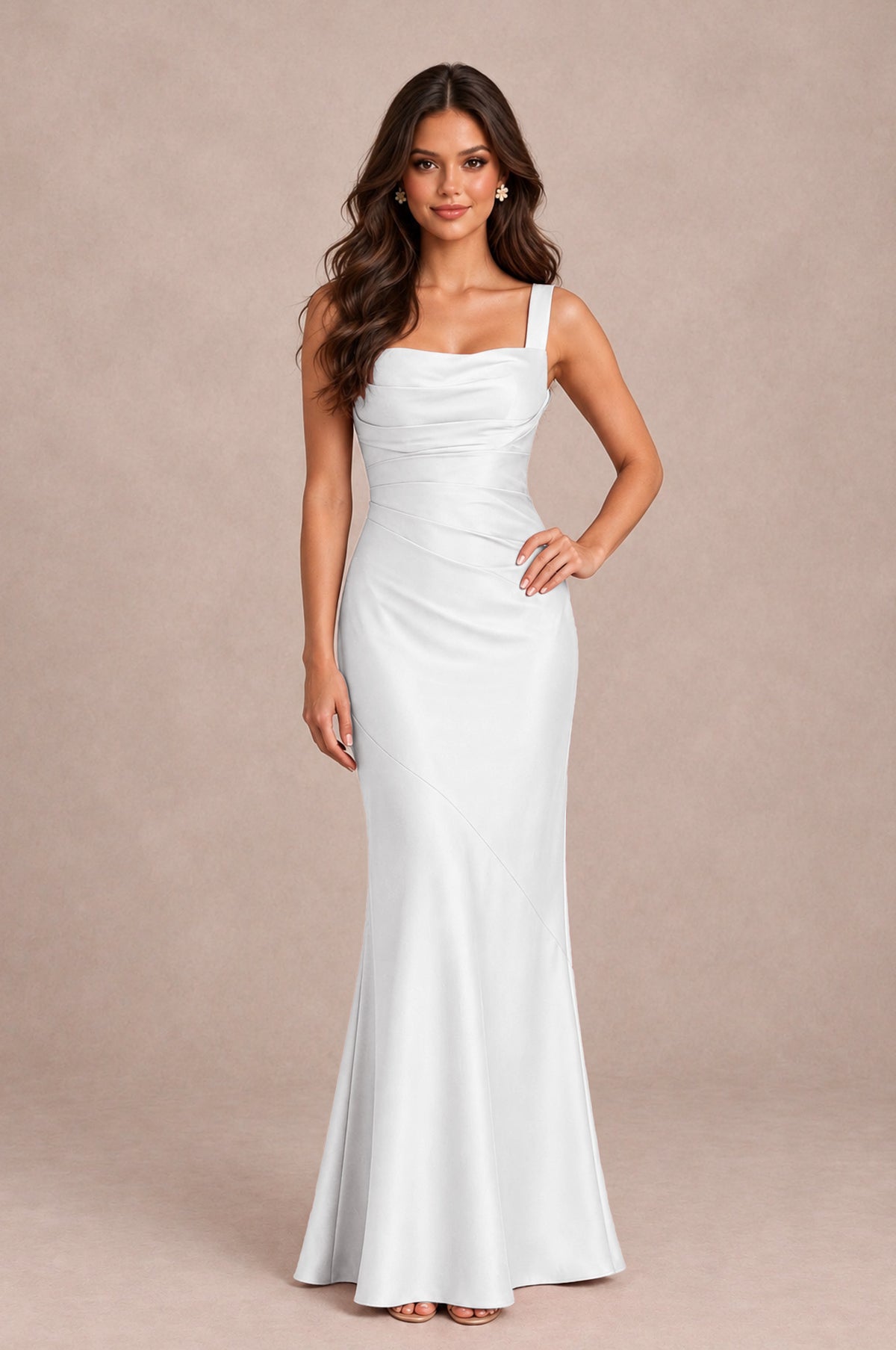 BOLODOO White Square Neck Ruched Satin Lace-Up Bridesmaid Dress - White - White_3