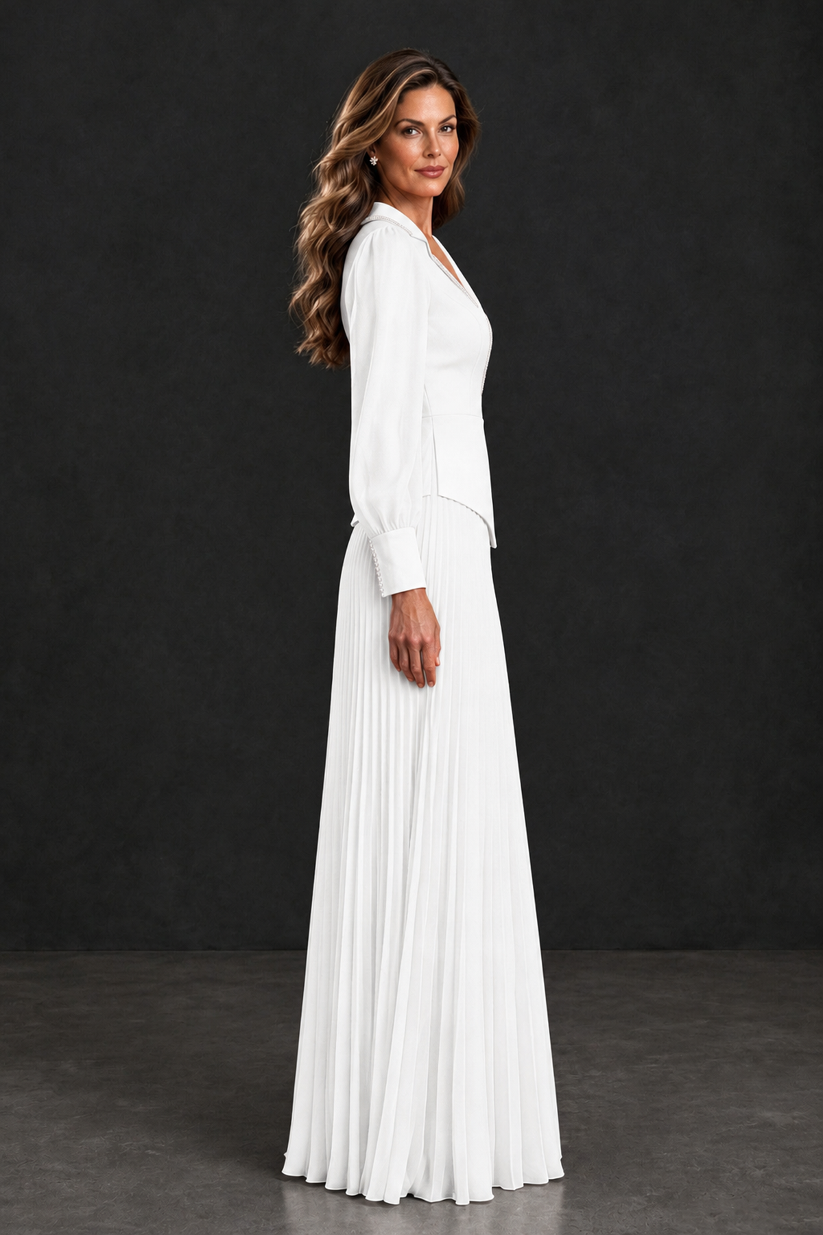 BOLODOO White Long Sleeve Pleated Mother of the Bride Dress - White - White_3