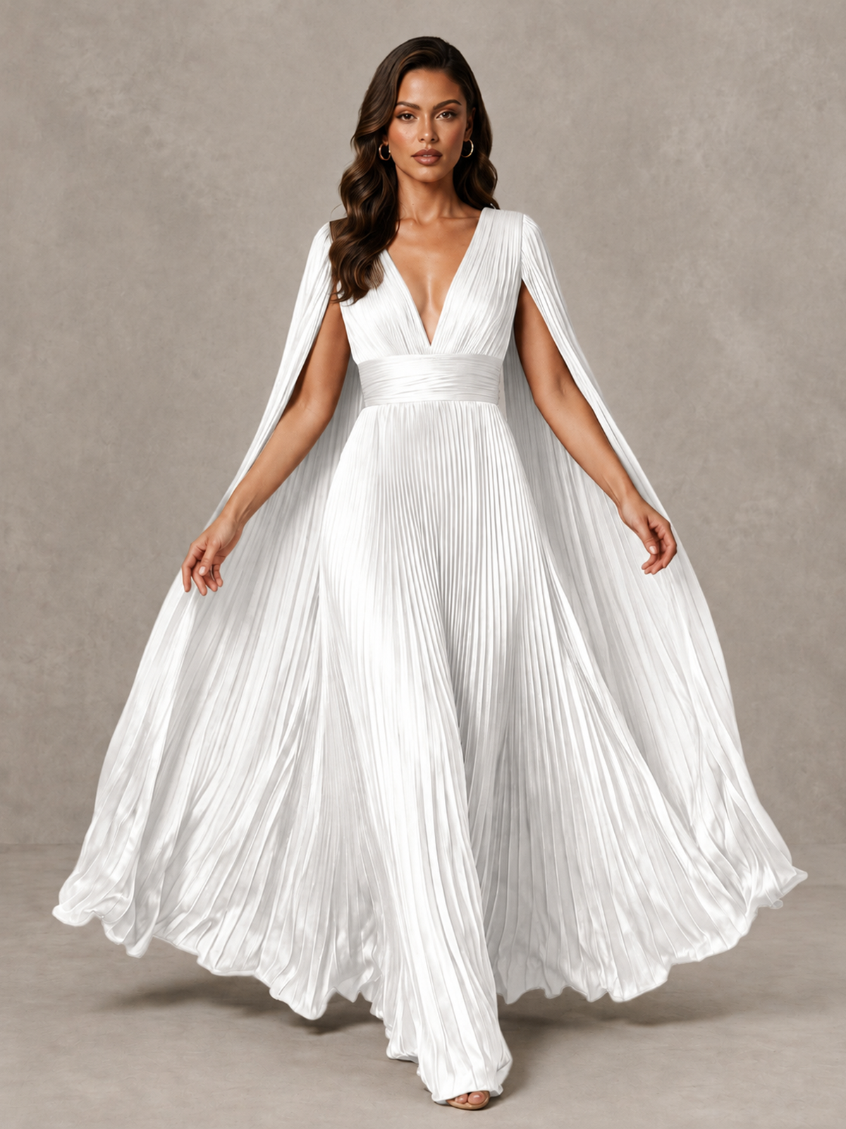 BOLODOO White Deep V-Neck Pleated Cape Sleeve Evening Gown - White - White_3