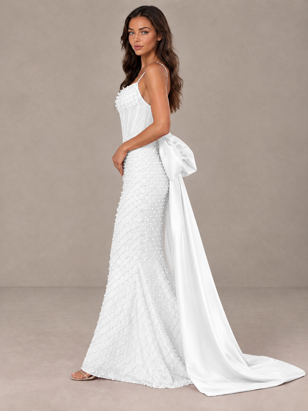 BOLODOO White Beaded Corset Prom Dress with Bow Train - White - White_3