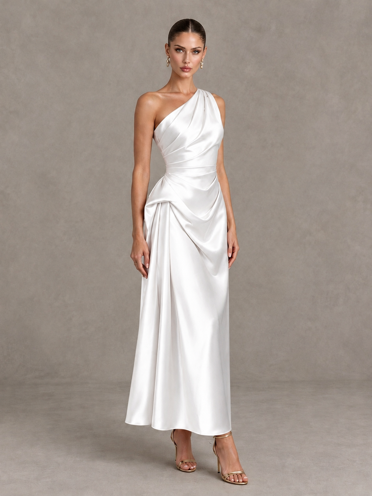 BOLODOO White One Shoulder Satin Cocktail Dress with Draped A-Line Skirt - White - White_3