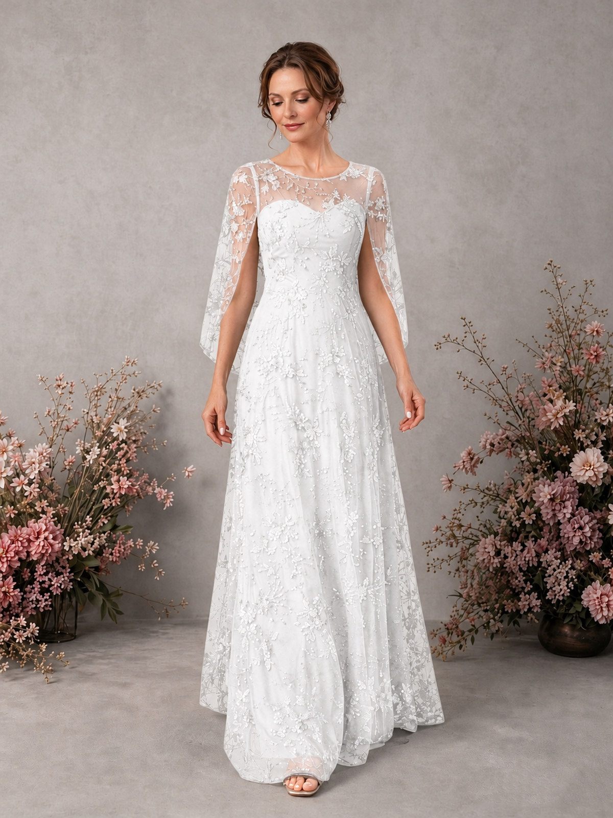 BOLODOO White Sequin Lace Cape Sleeve Formal Evening Gown - White - White_3