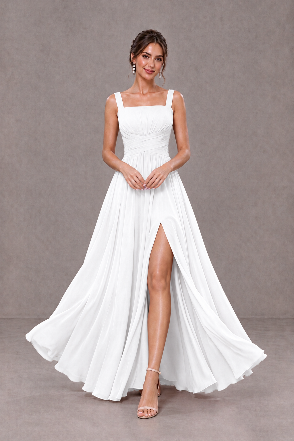 BOLODOO White Square Neck A-Line Bridesmaid Dress with Slit - White - White_3