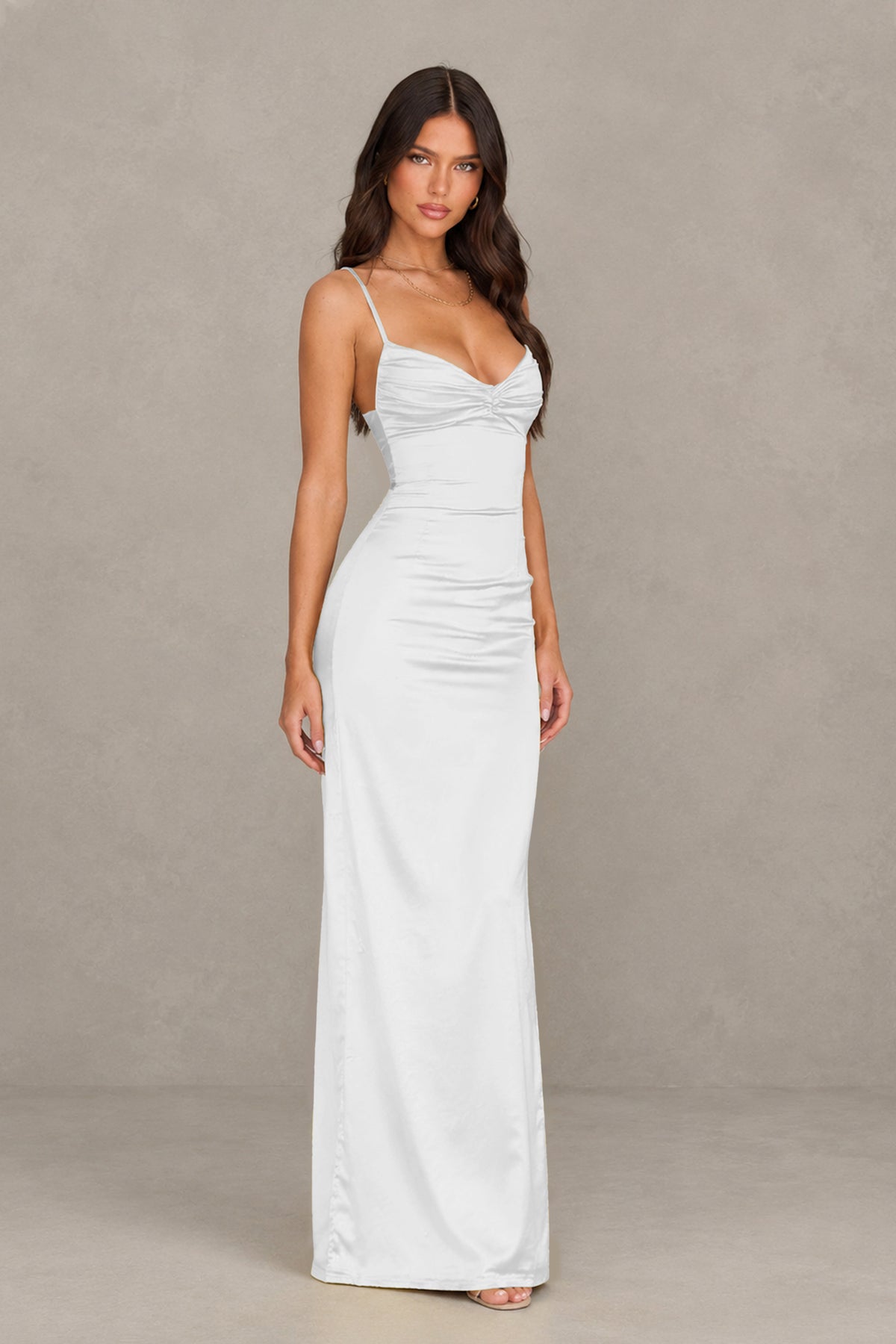BOLODOO White Satin Cowl Neck Open Back Mermaid Maxi Dress with Side Slit - White
