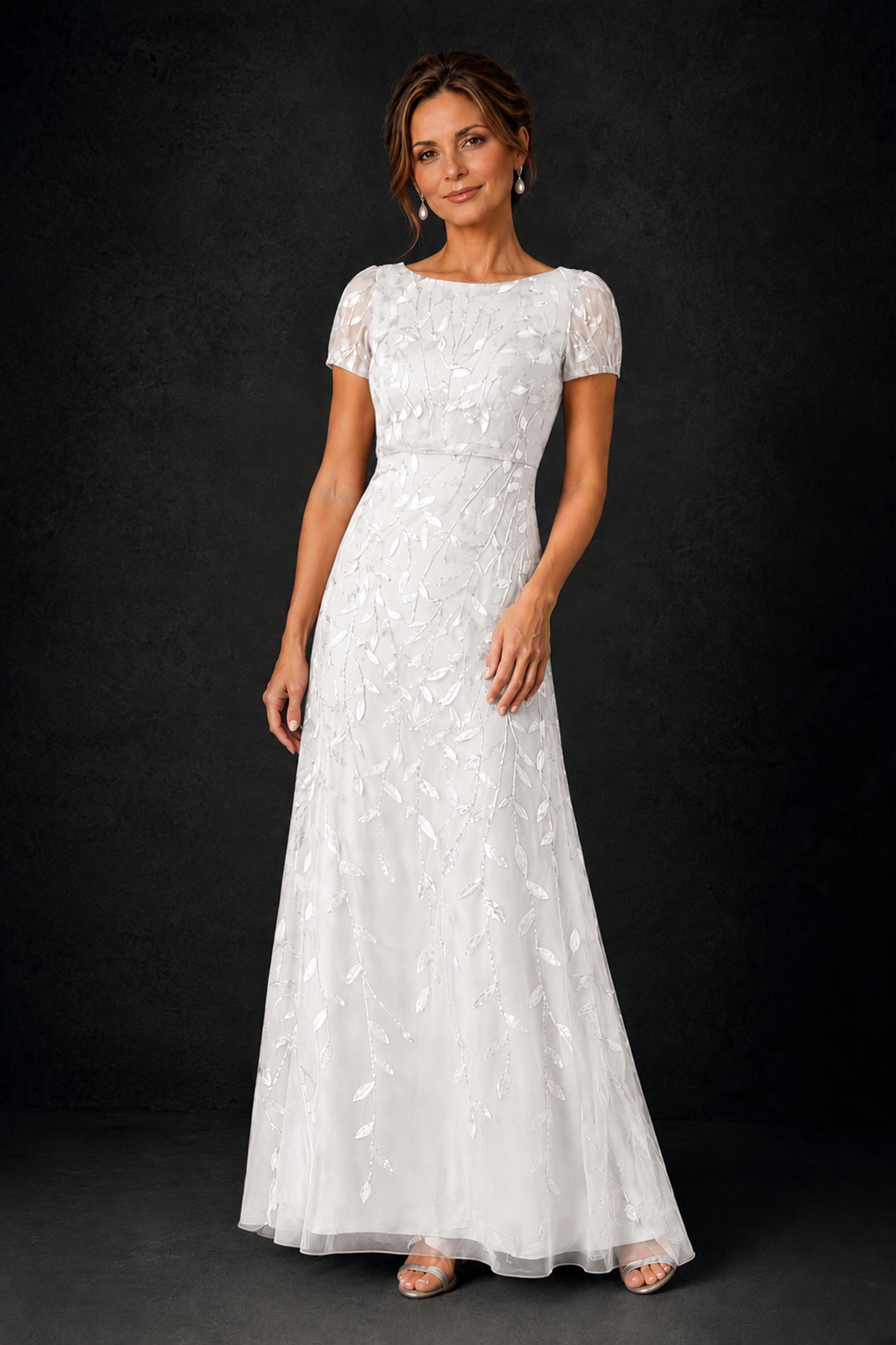 BOLODOO White Leaf Embroidered A-Line Formal Gown with Cap Sleeves - White - White_3