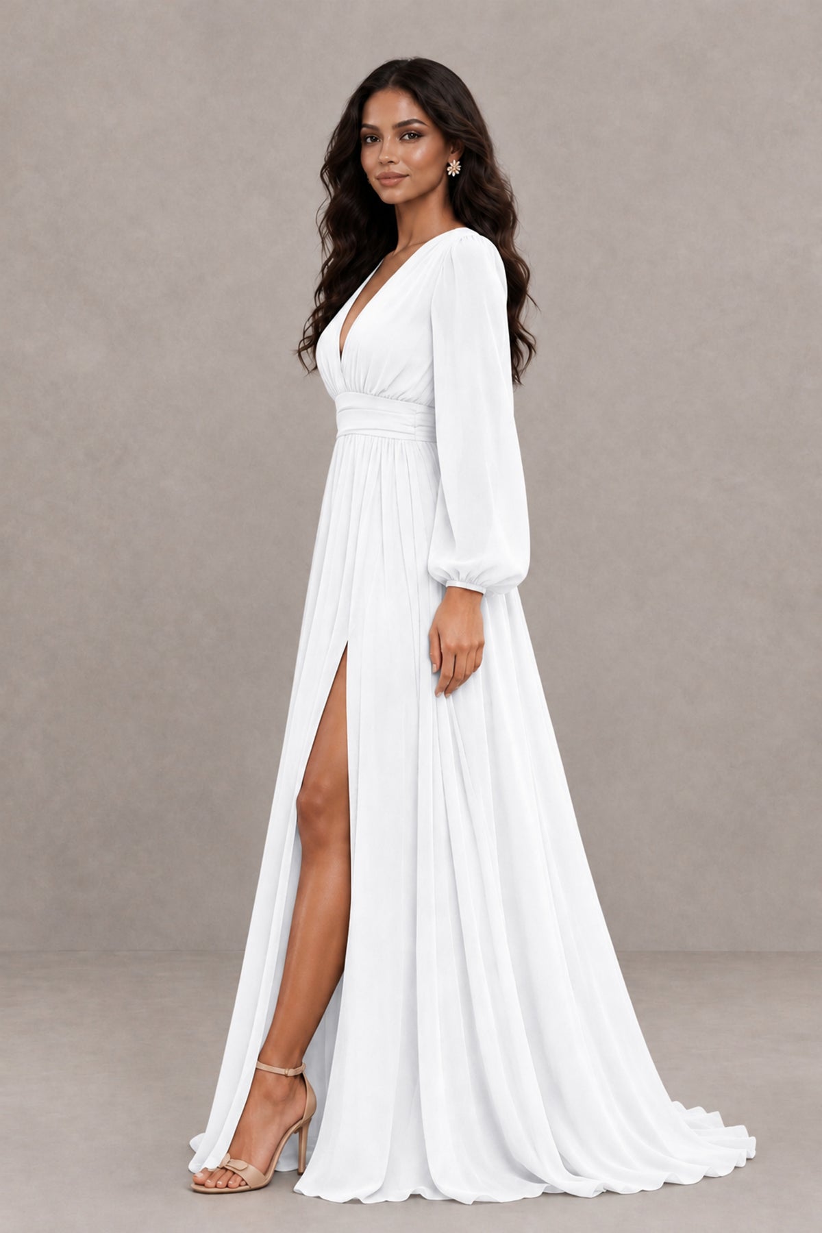 BOLODOO White Long Sleeve V-Neck A-Line Gown with Open Back & Slit - White - White_3