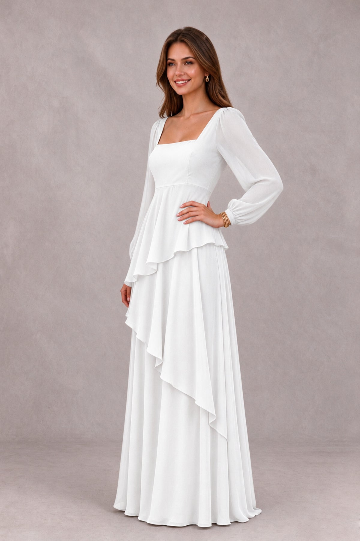 BOLODOO White Long Sleeve Ruffle Bridesmaid Dresses - White - White_3