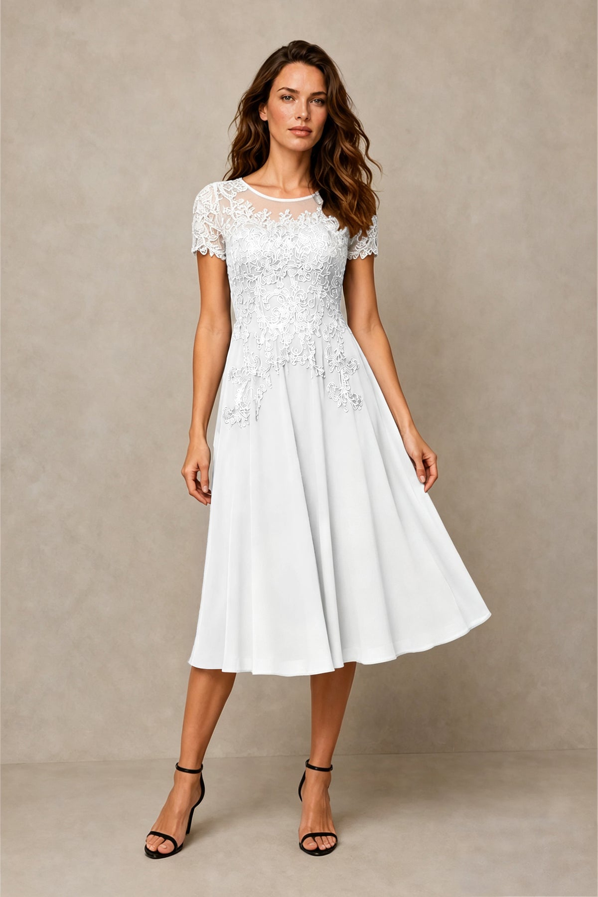 BOLODOO Steel White Beaded Lace Illusion Bodice Chiffon Tea-Length Dress | Mother of the Bride & Cocktail Party - White