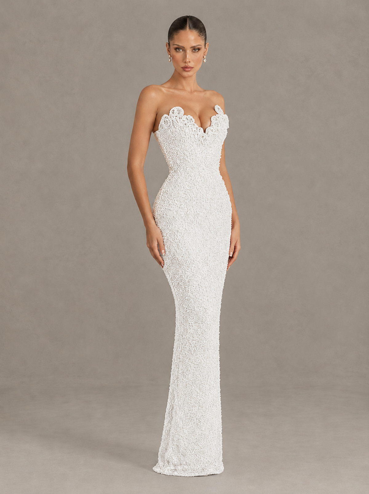 BOLODOO White Strapless Sequin Evening Gown with Floral Neckline - White - White_3