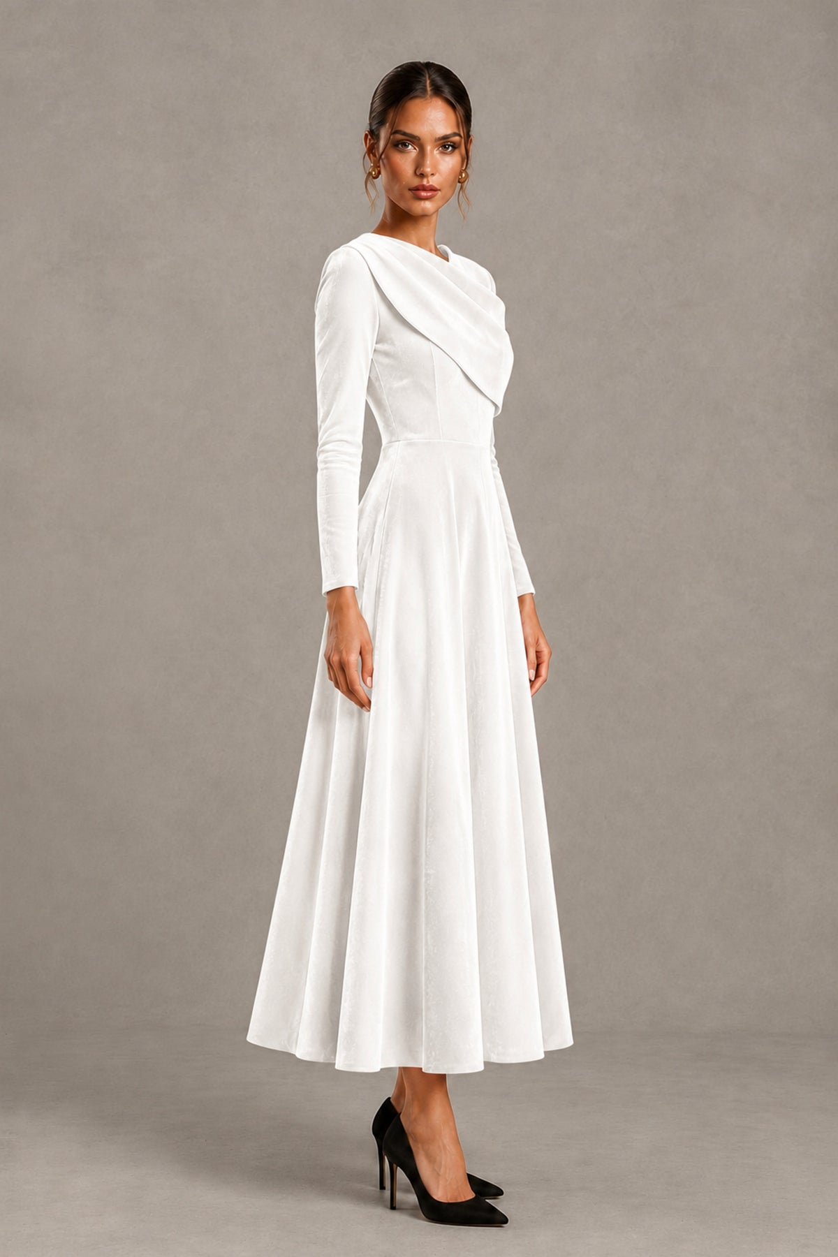 BOLODOO White Velvet-Look Long Sleeve Tea-Length A-Line Dress with Draped Neckline - White - White_3