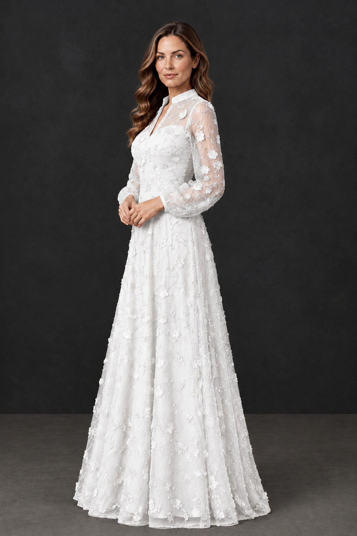 BOLODOO White Long Sleeve Floral Mother of the Bride Dress - White - White_3