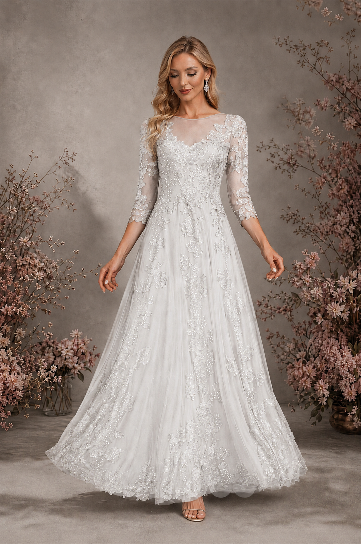 BOLODOO White Sequin Lace 3/4 Sleeve Open Back Formal Evening Gown - White