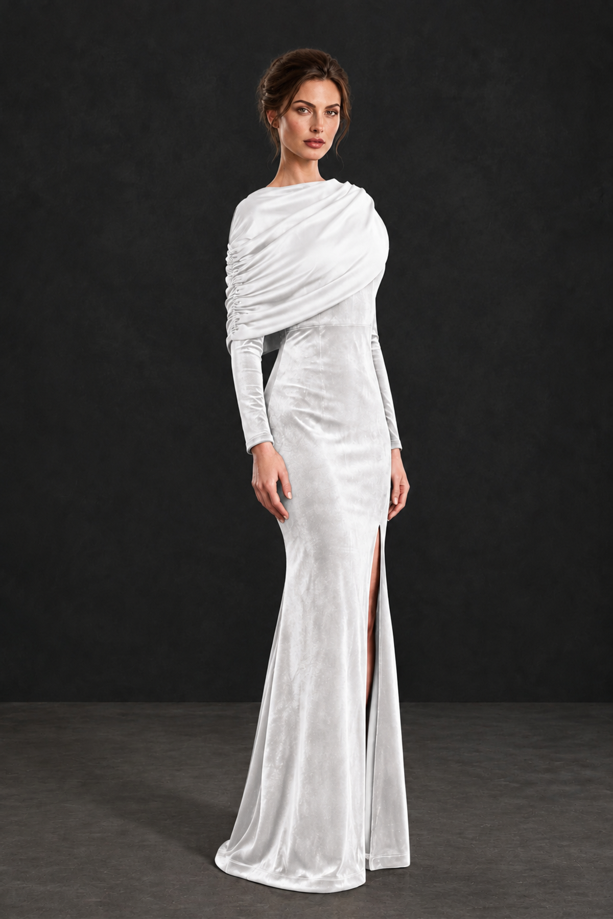 BOLODOO White Velvet Long Sleeve Draped Mother of the Bride Dress - White - White_3