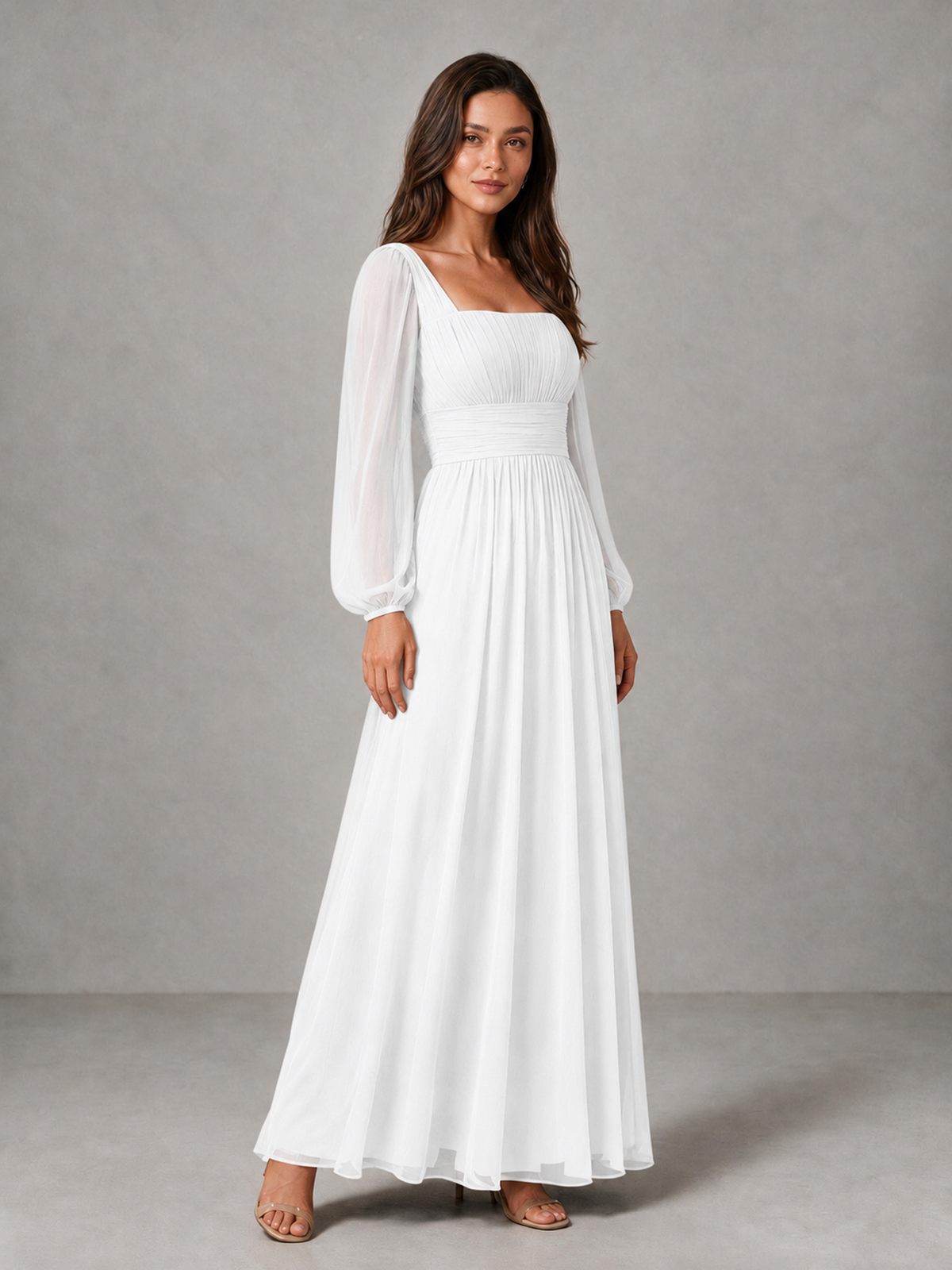 BOLODOO White Square Neck Long Sleeve Chiffon Bridesmaid Dress - White - White_3