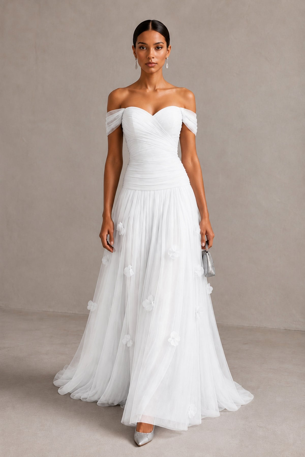 White Off-Shoulder Sweetheart A-Line Tulle Gown with 3D Floral Appliques | BOLODOO - White