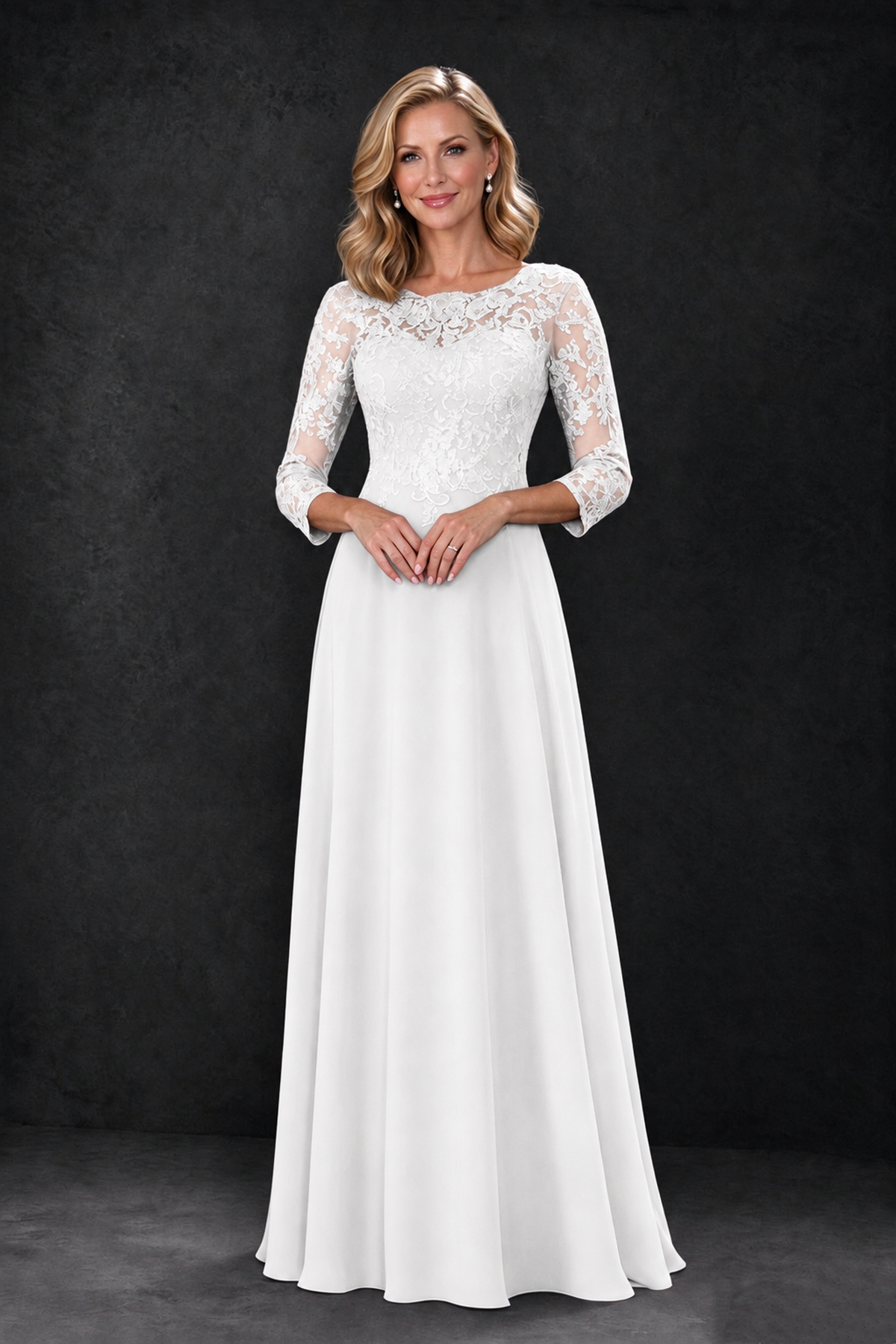 BOLODOO White Lace Embroidered Mother of the Bride Dress with 3/4 Sleeves - White - White_3