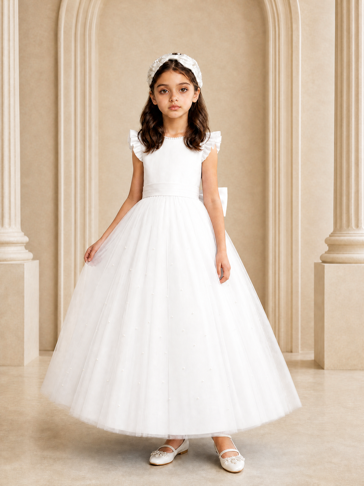 BOLODOO White Tulle Flower Girl Dress with Ruffle Sleeves & Bow Back - White - White_3