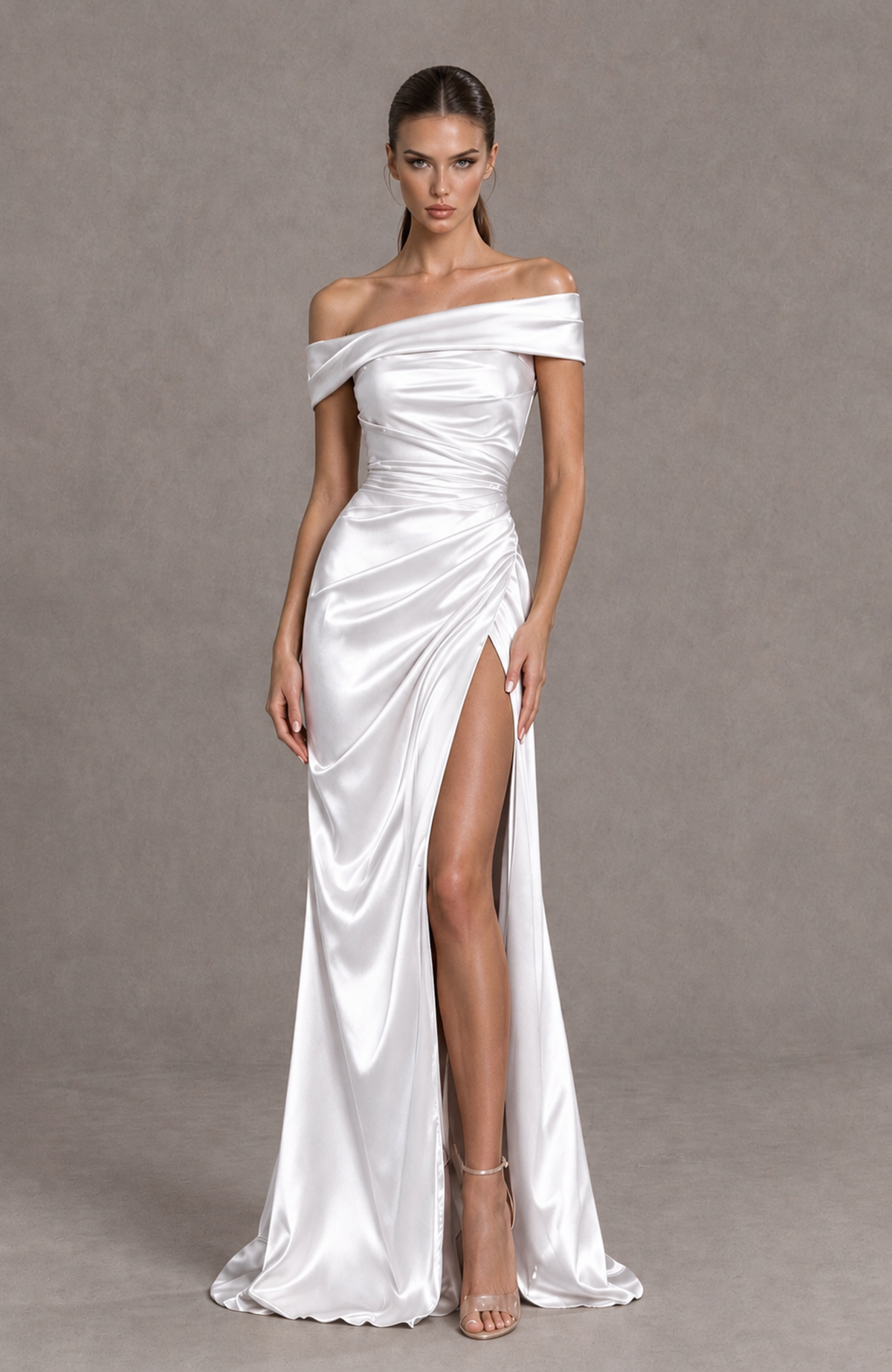 BOLODOO White Off-the-Shoulder Ruched Satin Prom & Evening Dress with High Slit - White - White_3