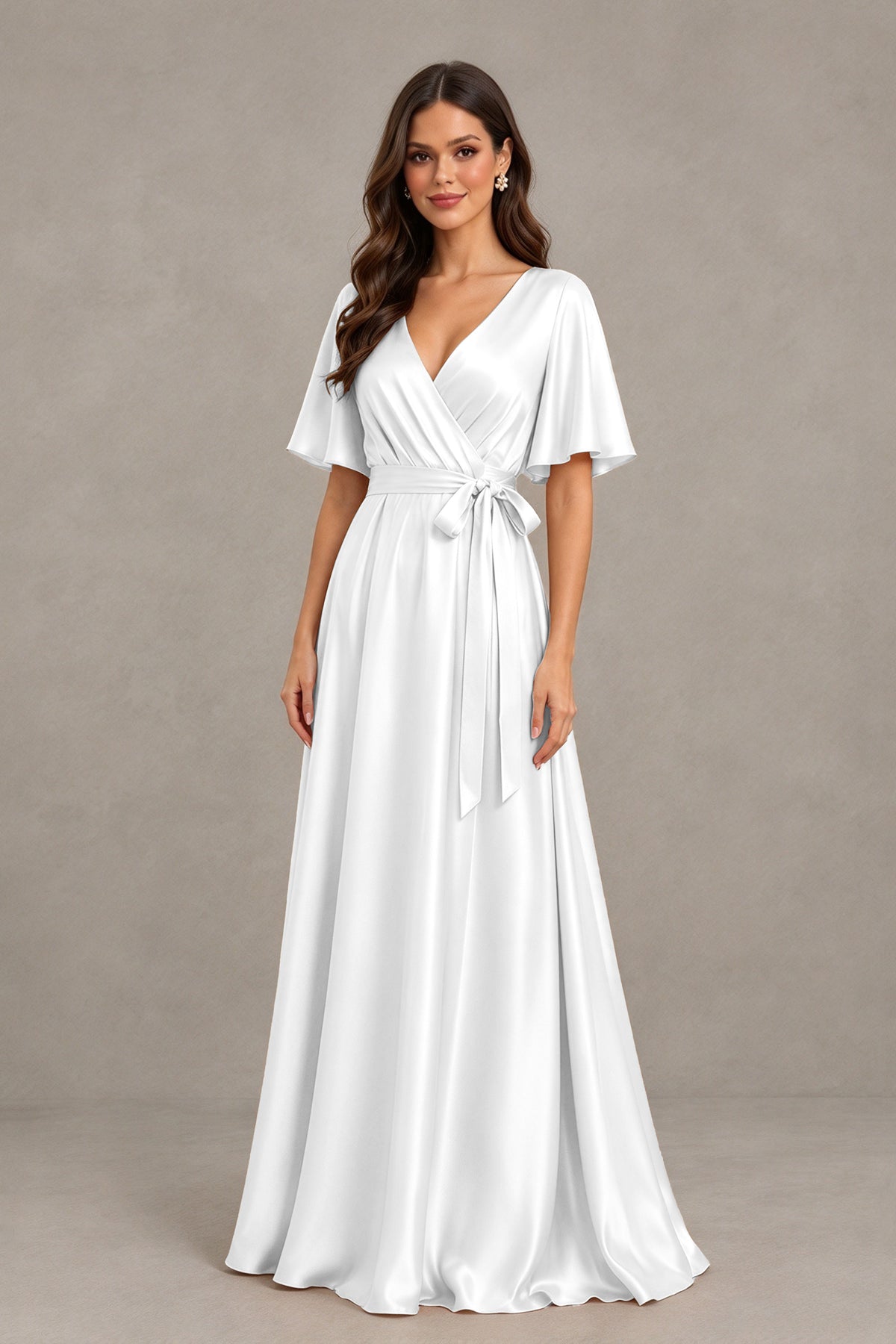 BOLODOO White Satin V-Neck Flutter Sleeve Bridesmaid Dress with Slit - White - White(3)