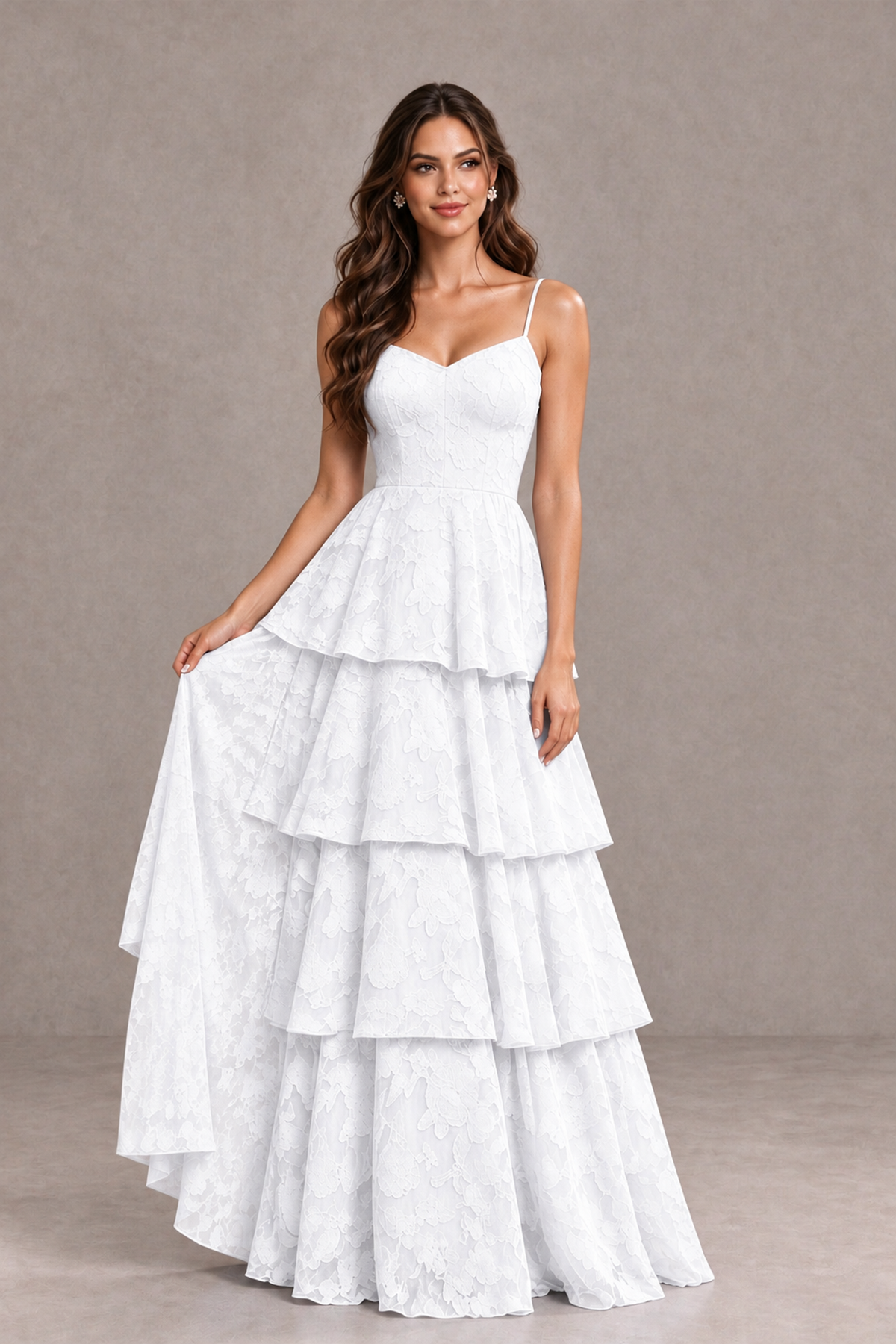 BOLODOO White Tiered Floral-Textured Spaghetti Strap Maxi Dress - White - White_3