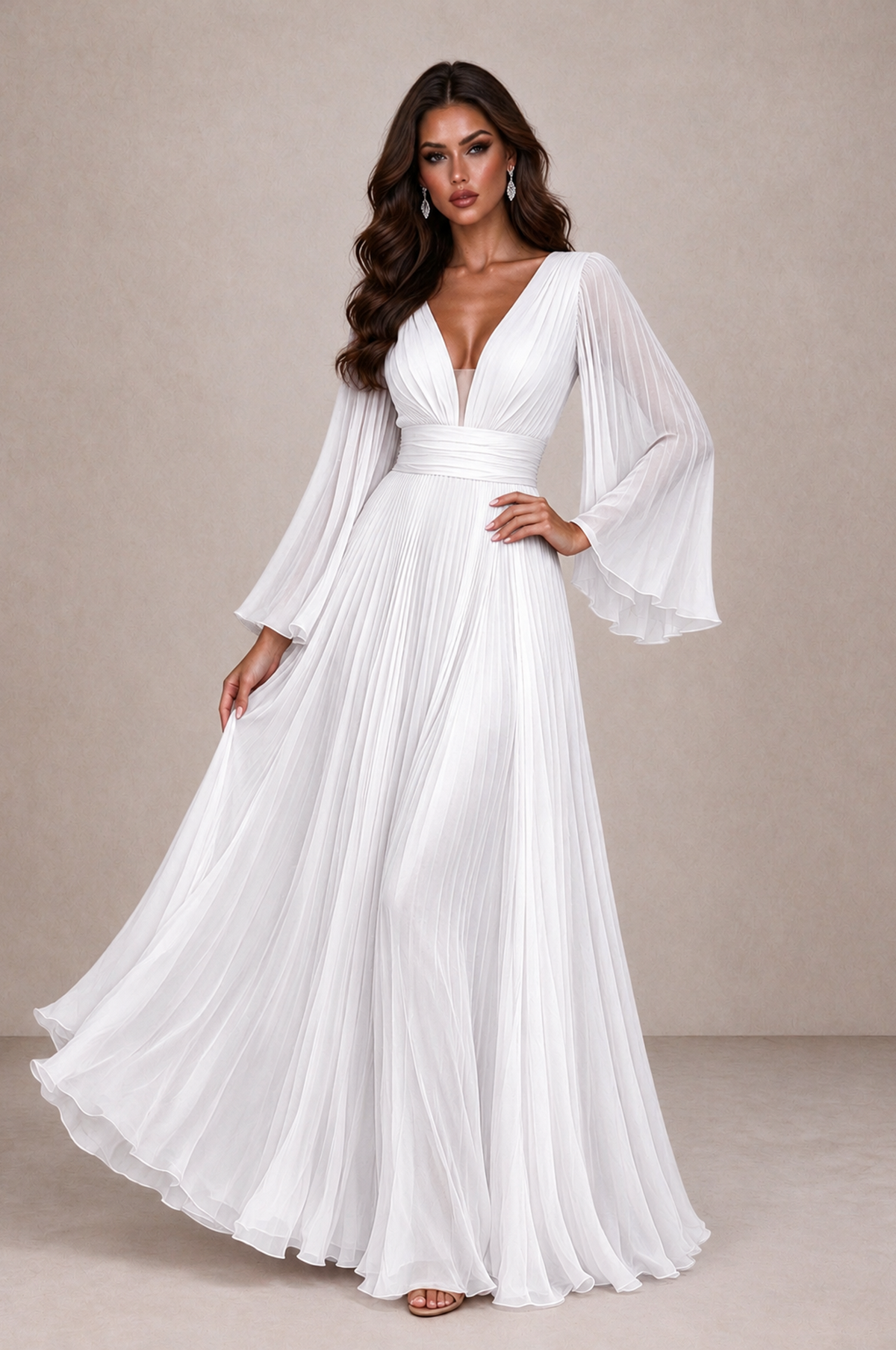 BOLODOO White Pleated Deep V-Neck Long Bell Sleeve Evening Dress - White - White_3