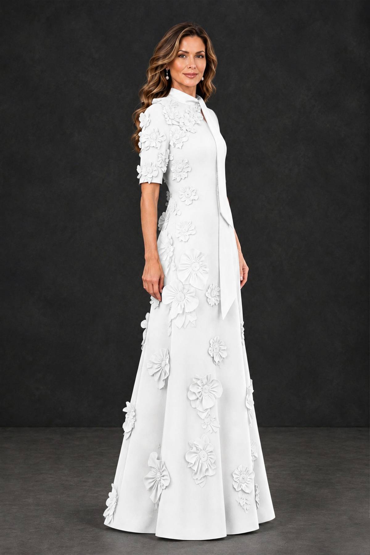 BOLODOO White Floral Applique High-Neck Half-Sleeve Gown - White - White_3