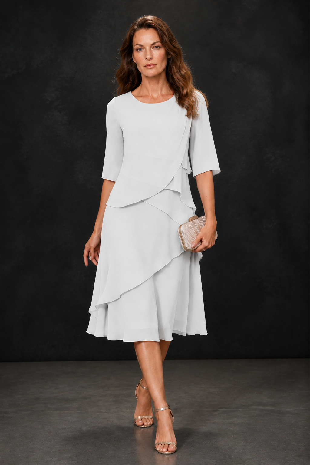 BOLODOO White Chiffon 3/4 Sleeve Asymmetric Tiered Tea Length Dress | Mother of the Bride Midi Dress - White