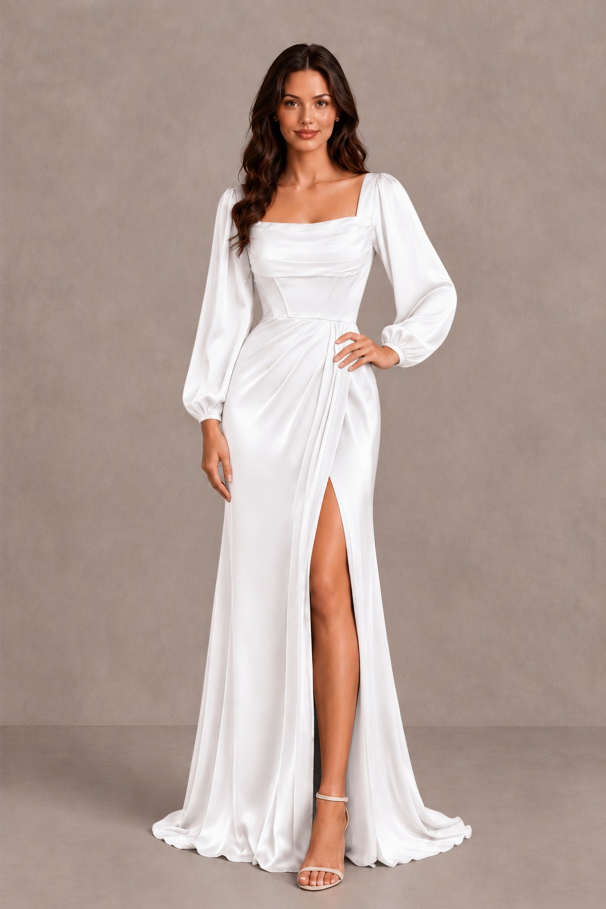 BOLODOO White Satin-Look Long Sleeve Evening Dress with High Slit - White - White_3