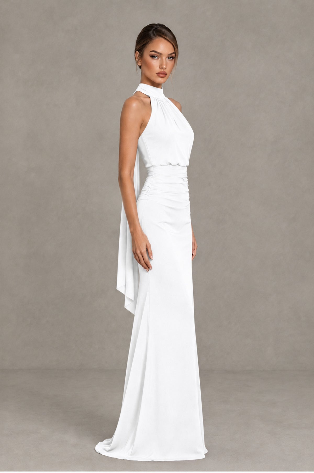 BOLODOO White Chiffon Halter Maxi Formal Wedding Guest Dress - White - White_3