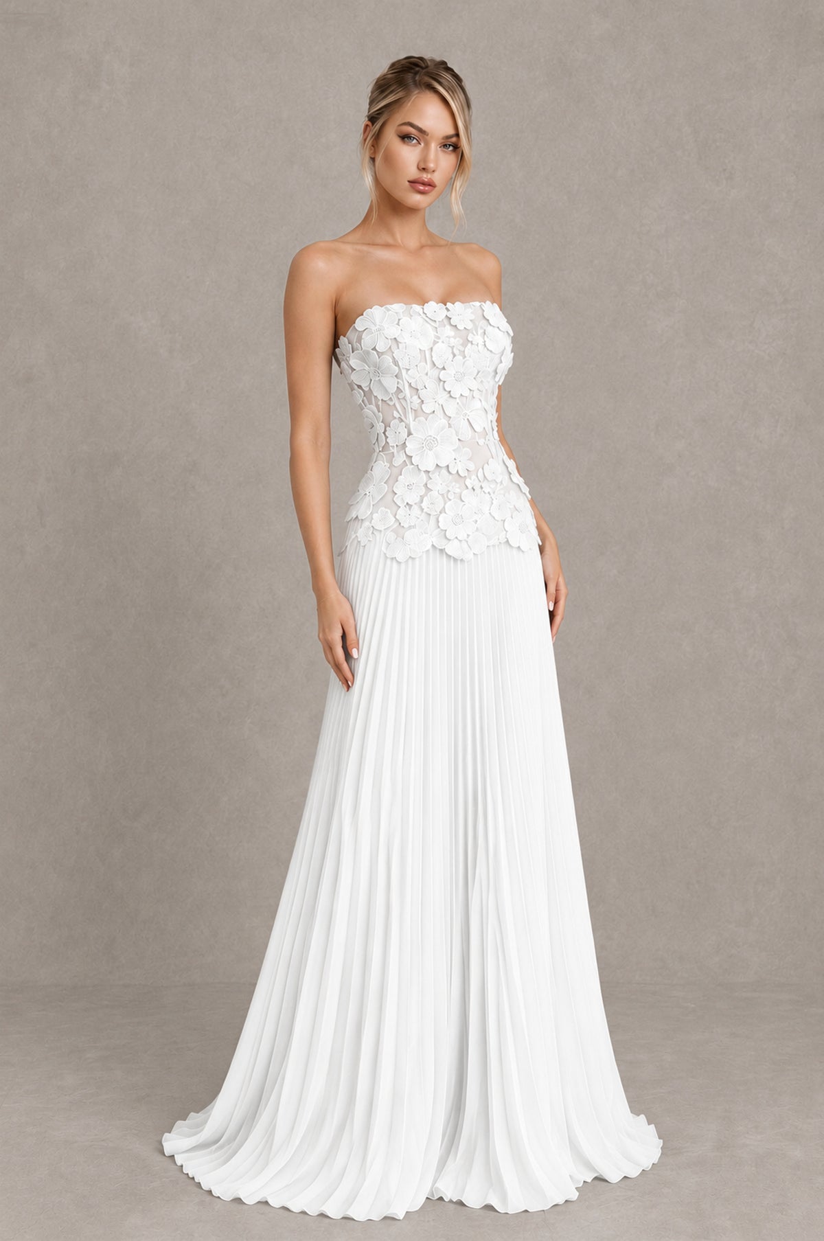 BOLODOO White Strapless Floral Applique Pleated Evening Dress - White - White_3