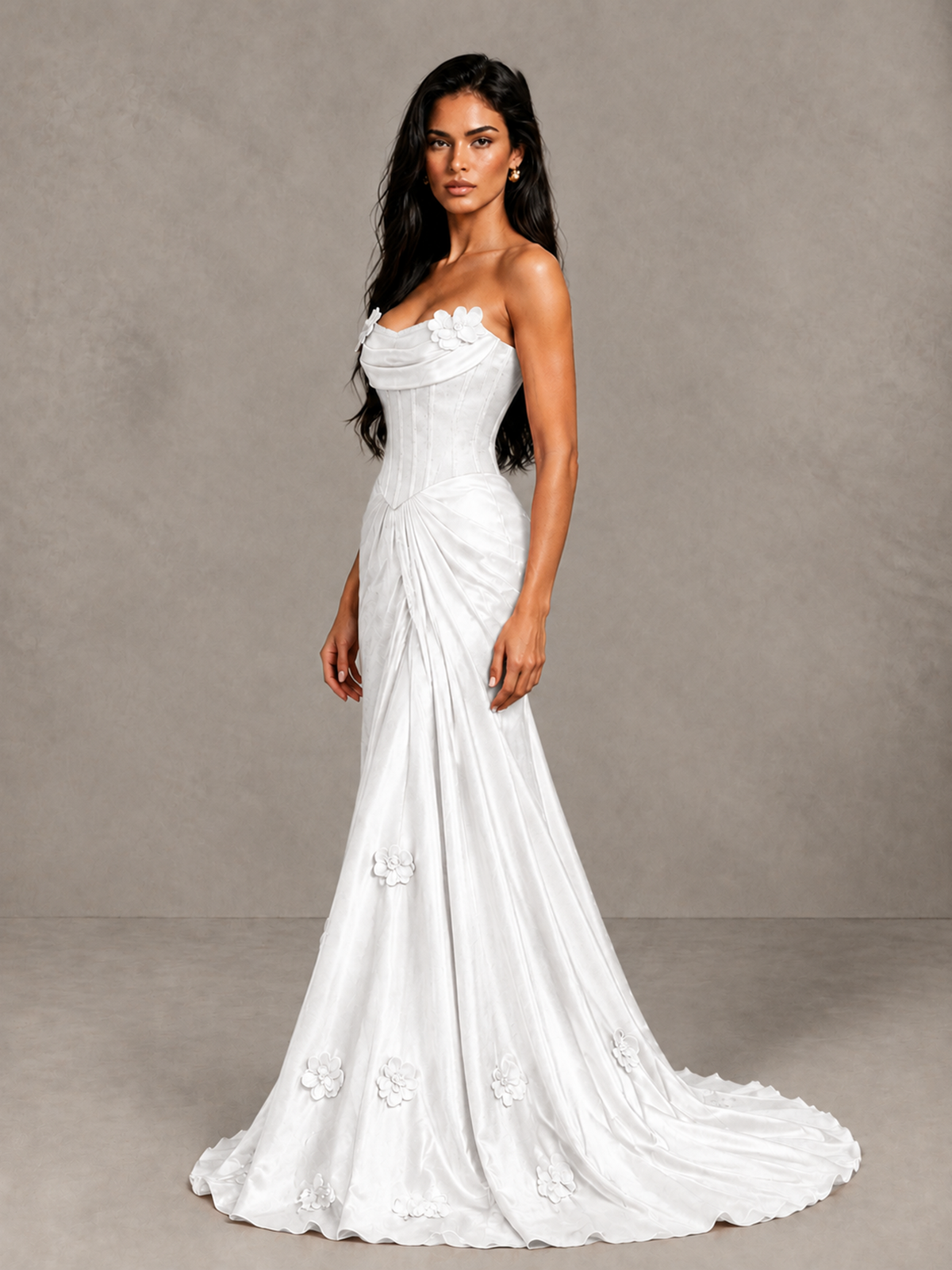 BOLODOO White Strapless Floral Corset Evening Gown with Train - White - White_3