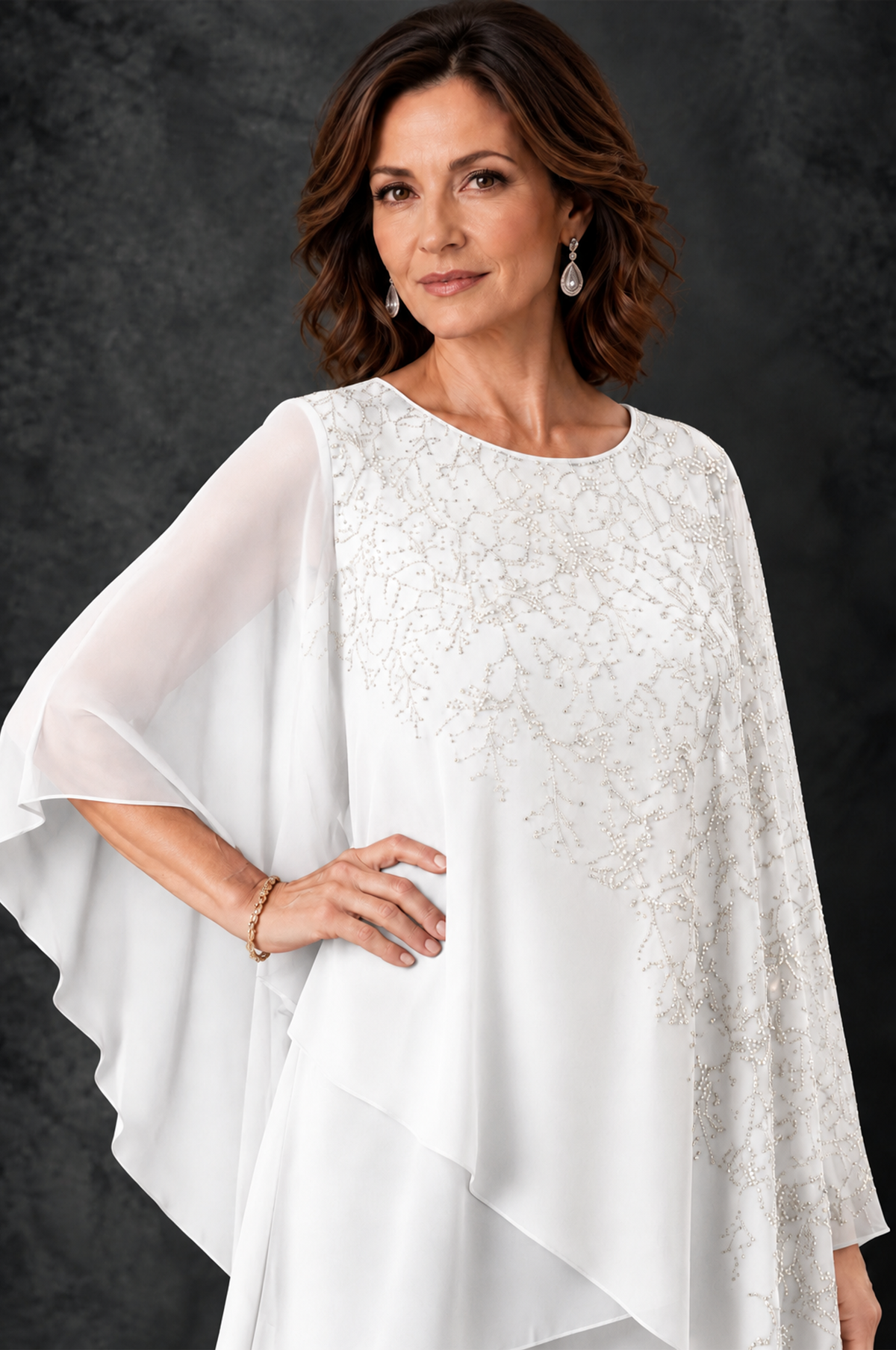 BOLODOO White Embellished Cape Pant Suit for Mother of the Bride - White - White_3