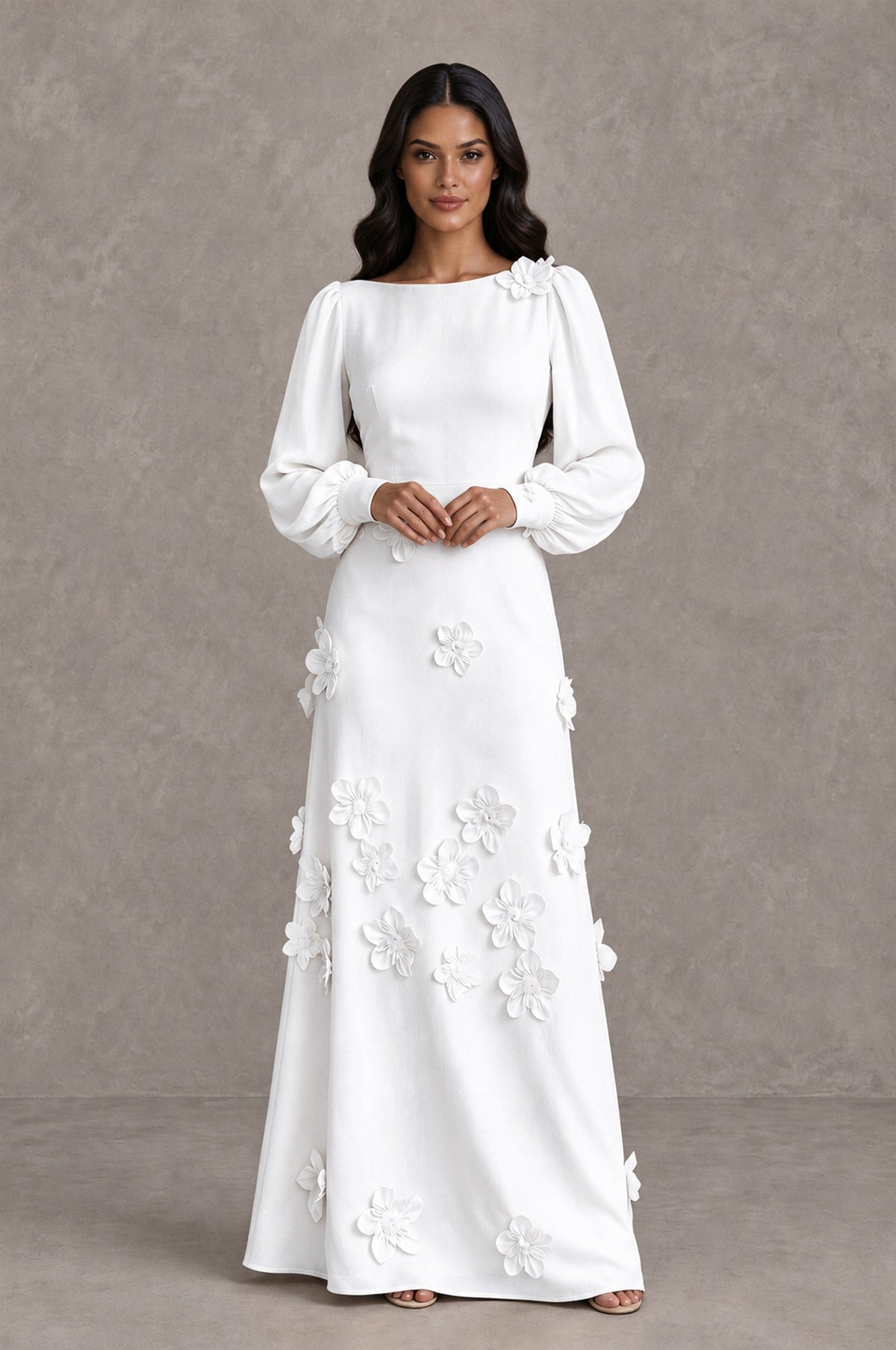 BOLODOO White Long Sleeve Floral Applique A-Line Evening Dress - White - White_3