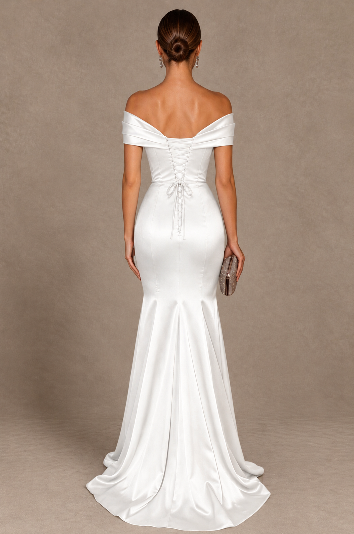BOLODOO White Off-the-Shoulder Ruched Satin Mermaid Evening Dress - White - White_3