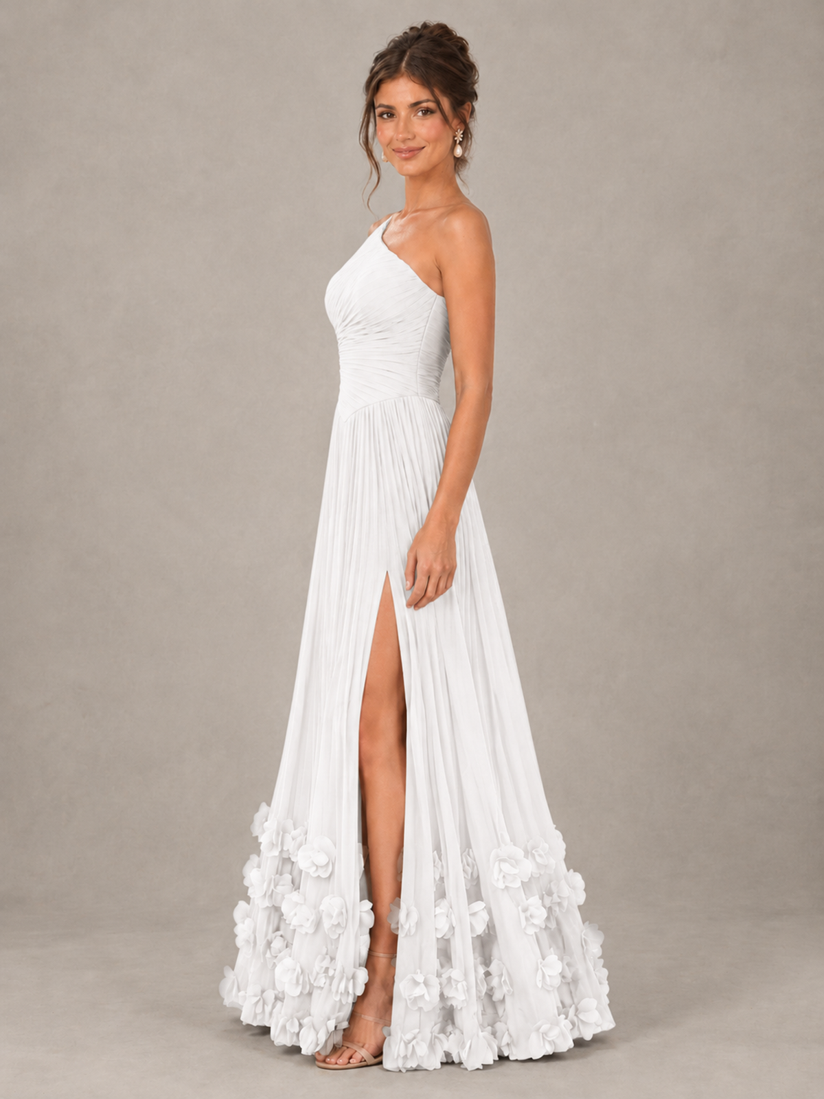 BOLODOO White One-Shoulder Pleated Bridesmaid Dress with 3D Floral Hem - White - White_3