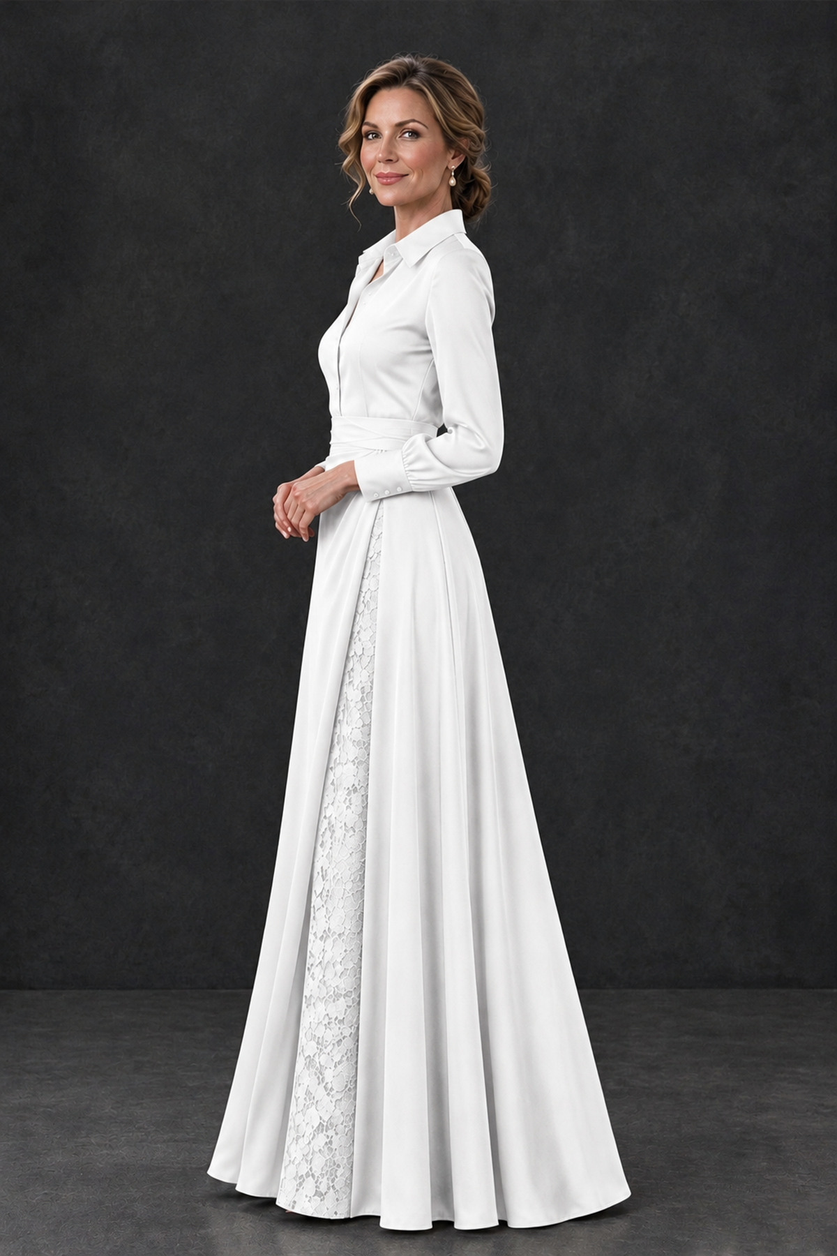BOLODOO White Long Sleeve Satin-Look Lace Panel Gown - White - White_3