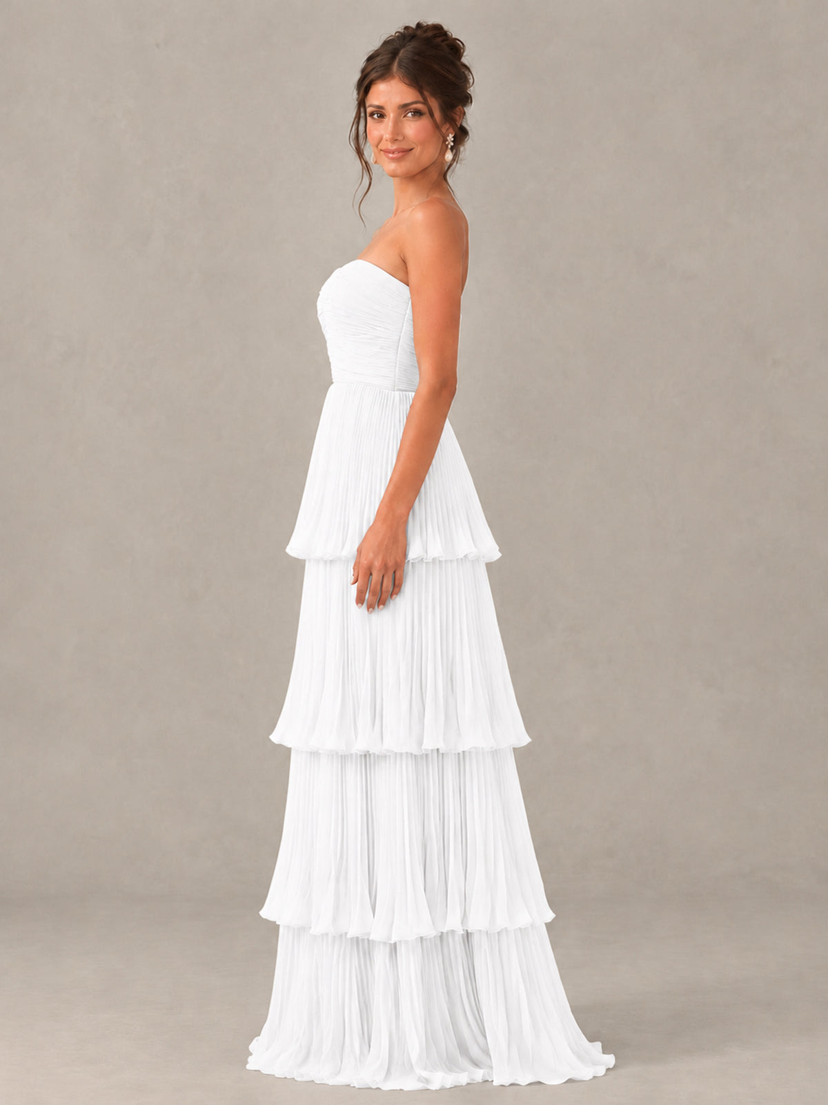 BOLODOO White Strapless Tiered Pleated Bridesmaid Dress - White - White_3